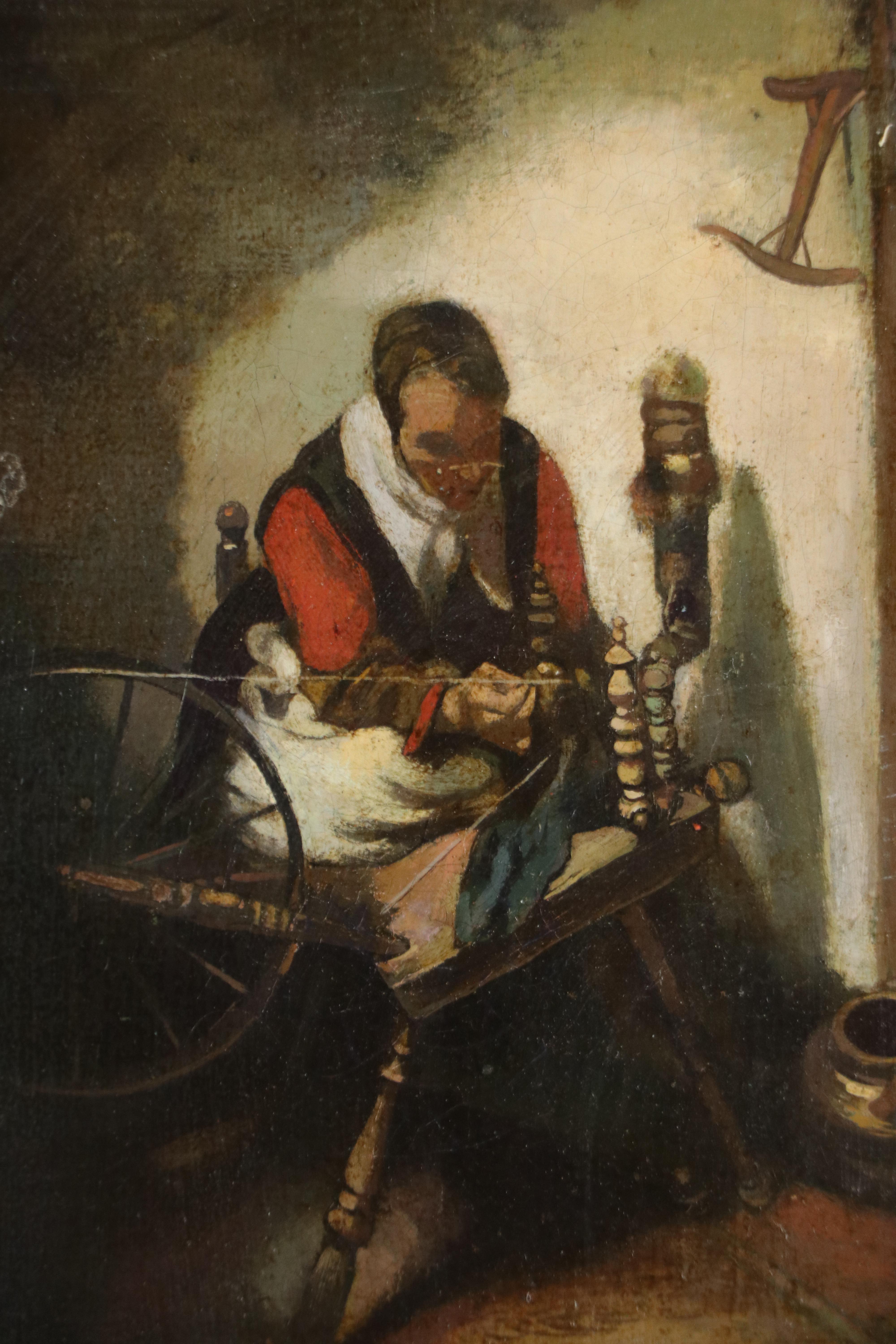 Copy Oil Painting "A Woman Spinning" After Nicolaes Maes, 19th Century