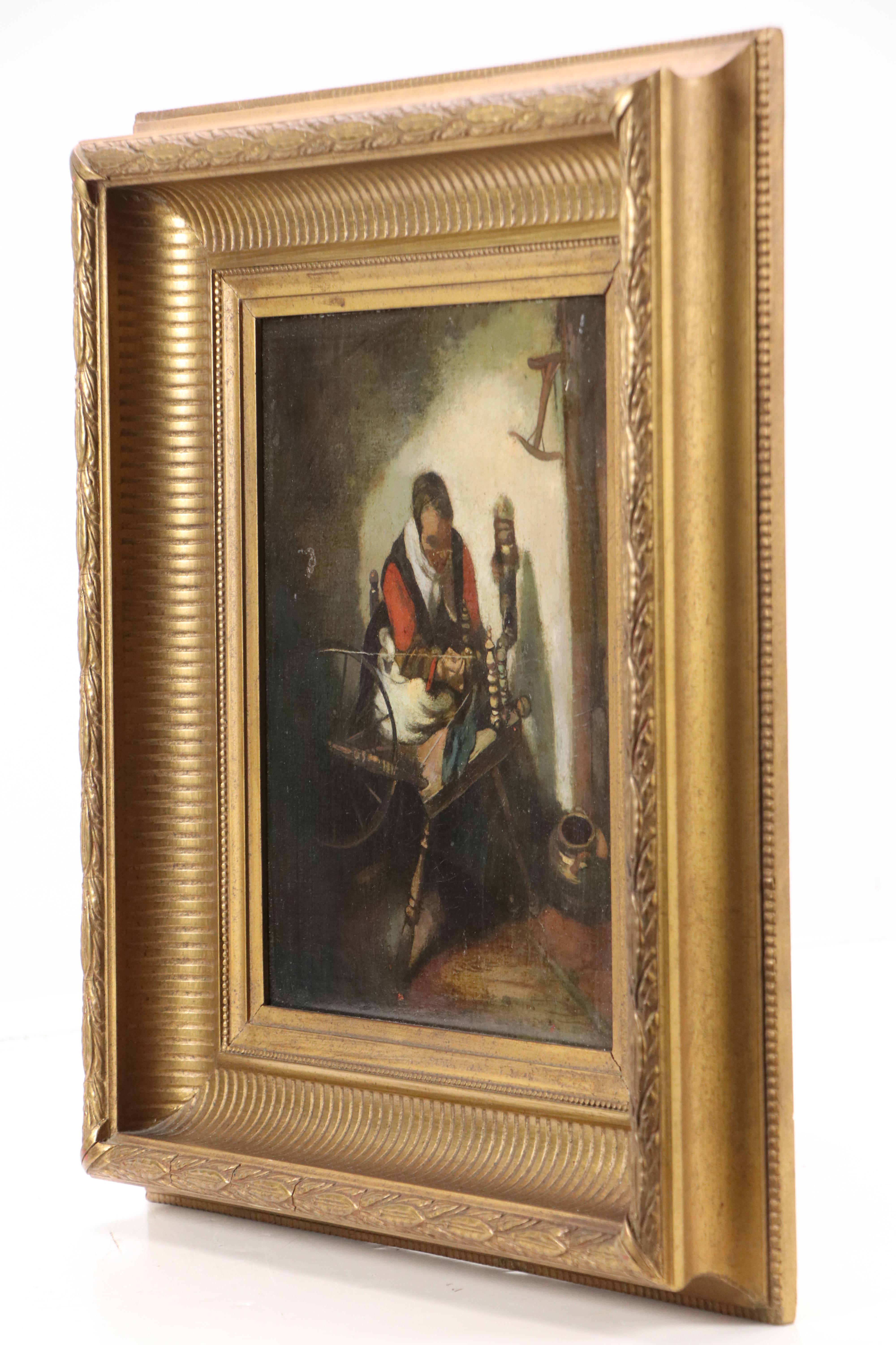 Copy Oil Painting "A Woman Spinning" After Nicolaes Maes, 19th Century