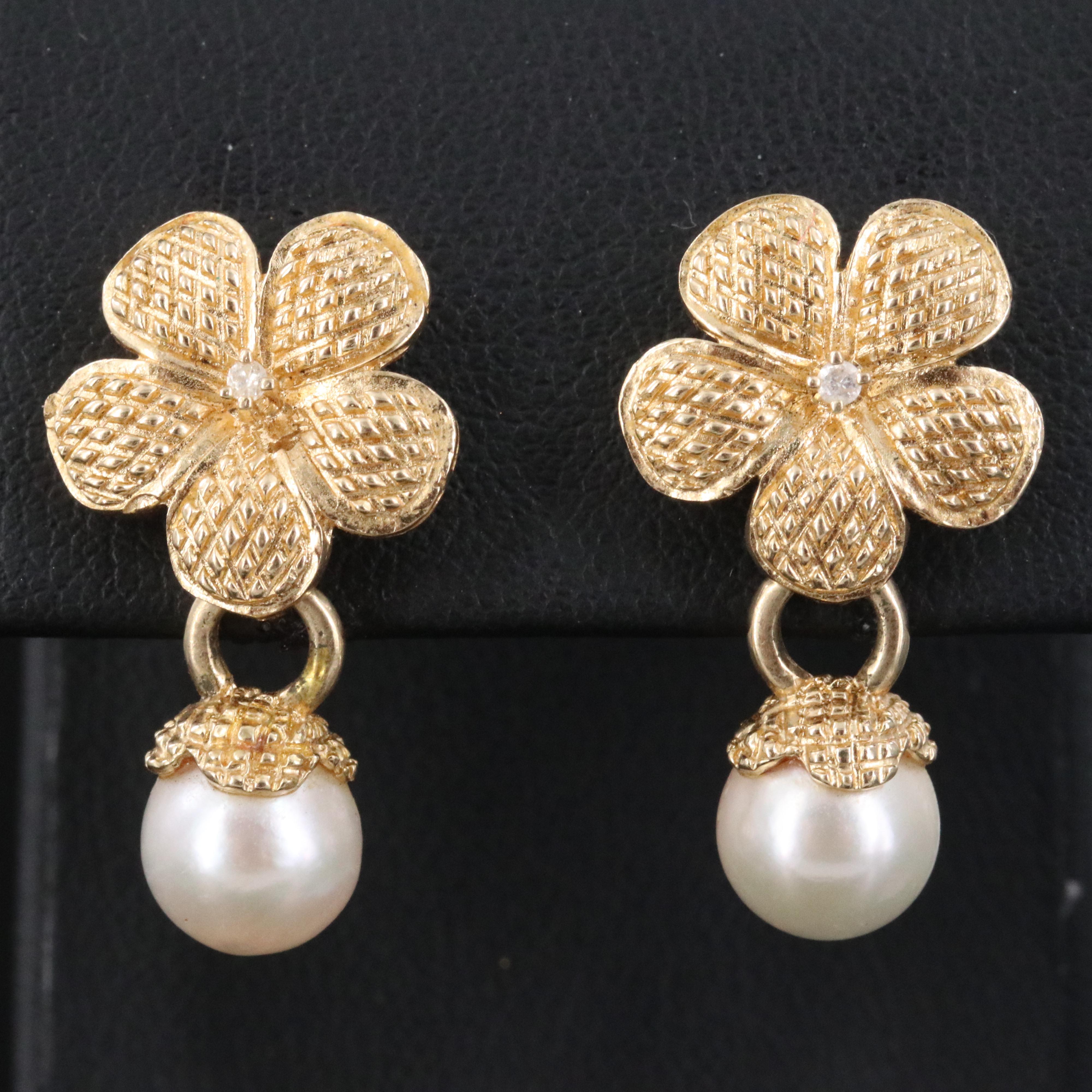 14K Pearl and Diamond Drop Earrings