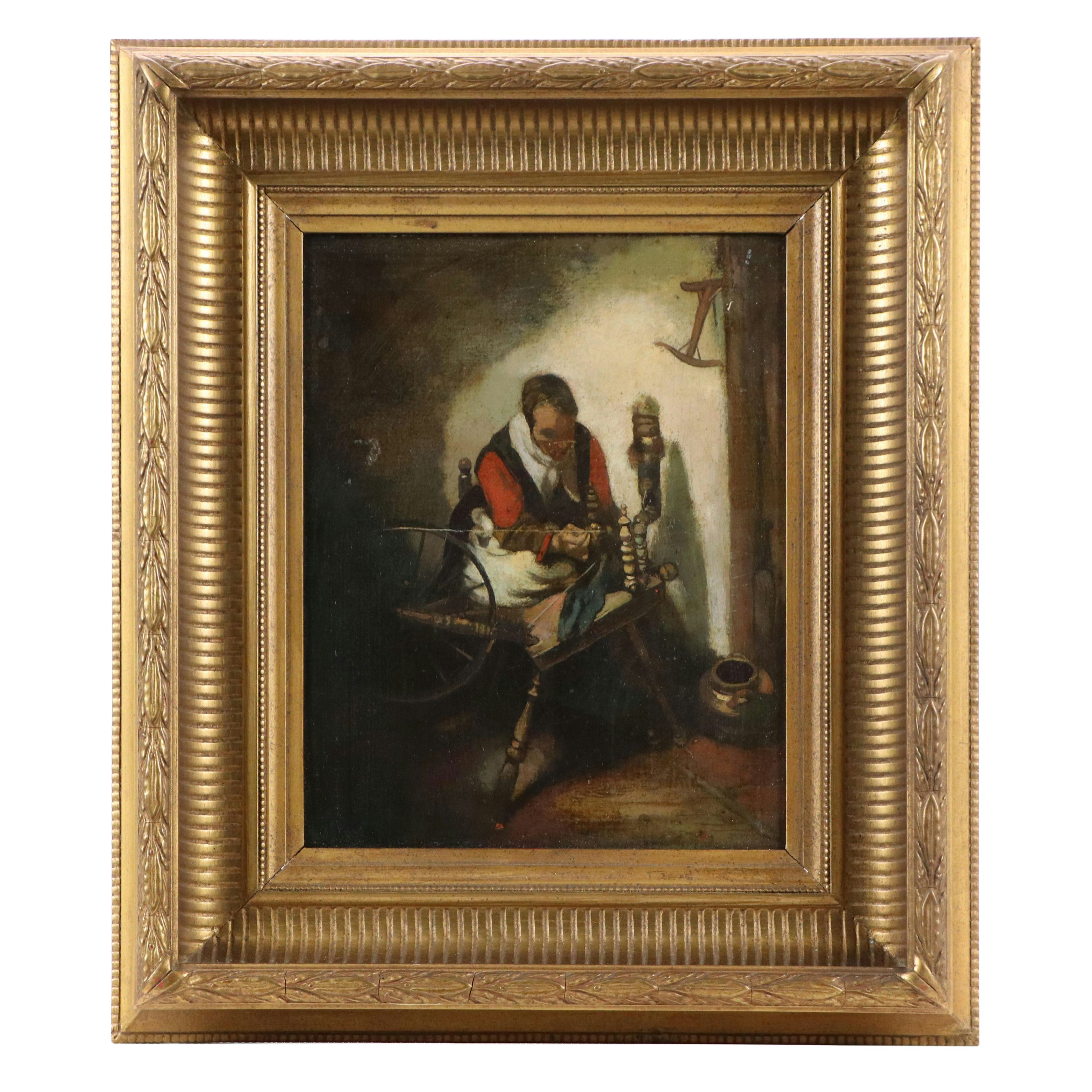 Copy Oil Painting "A Woman Spinning" After Nicolaes Maes, 19th Century