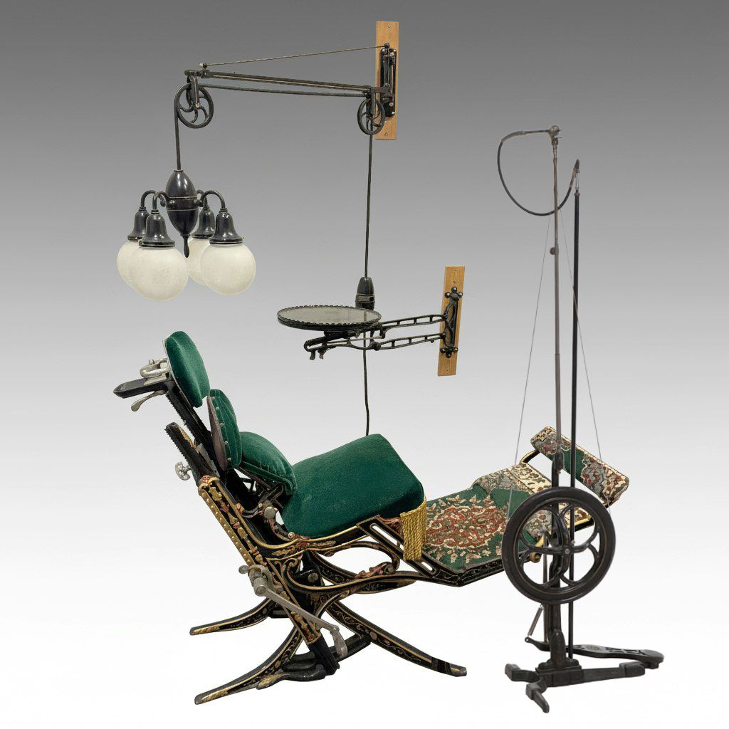 Antique Enameled Cast Iron Dental Chair, Pulley Lamp, Foot-Powered Drill & Tray
