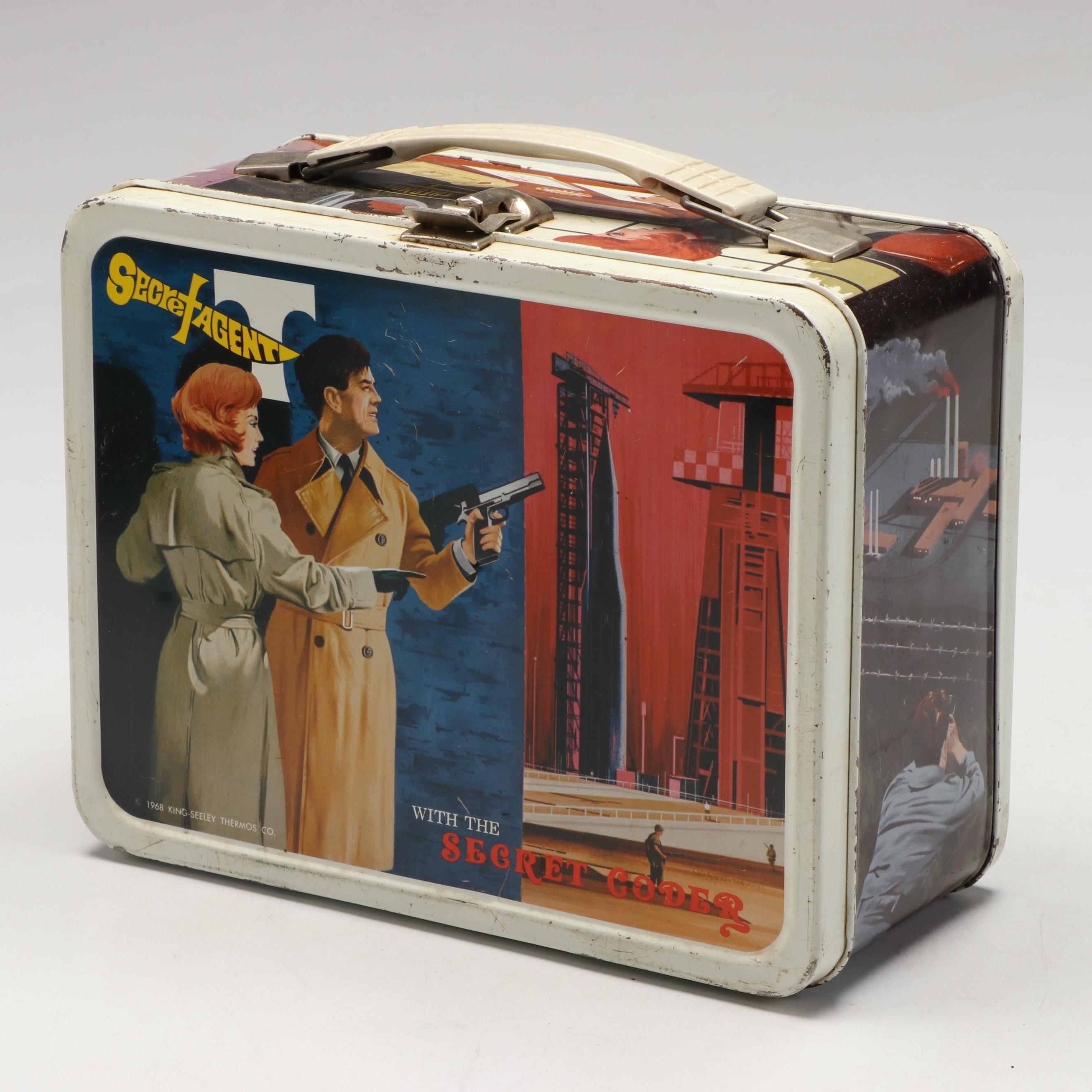 Vintage Tin Litho Secret Agent and Train Pattern Lunchboxes