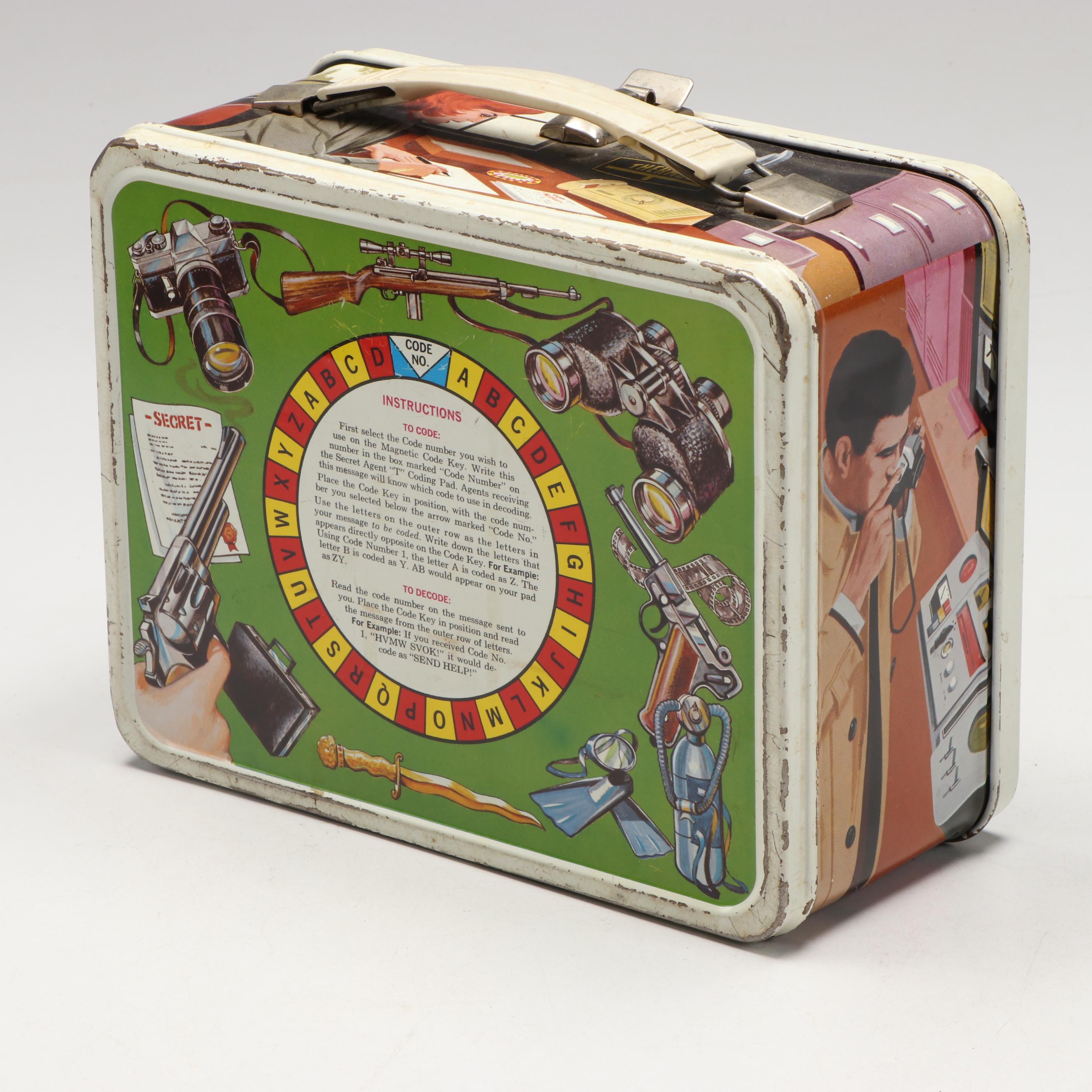 Vintage Tin Litho Secret Agent and Train Pattern Lunchboxes