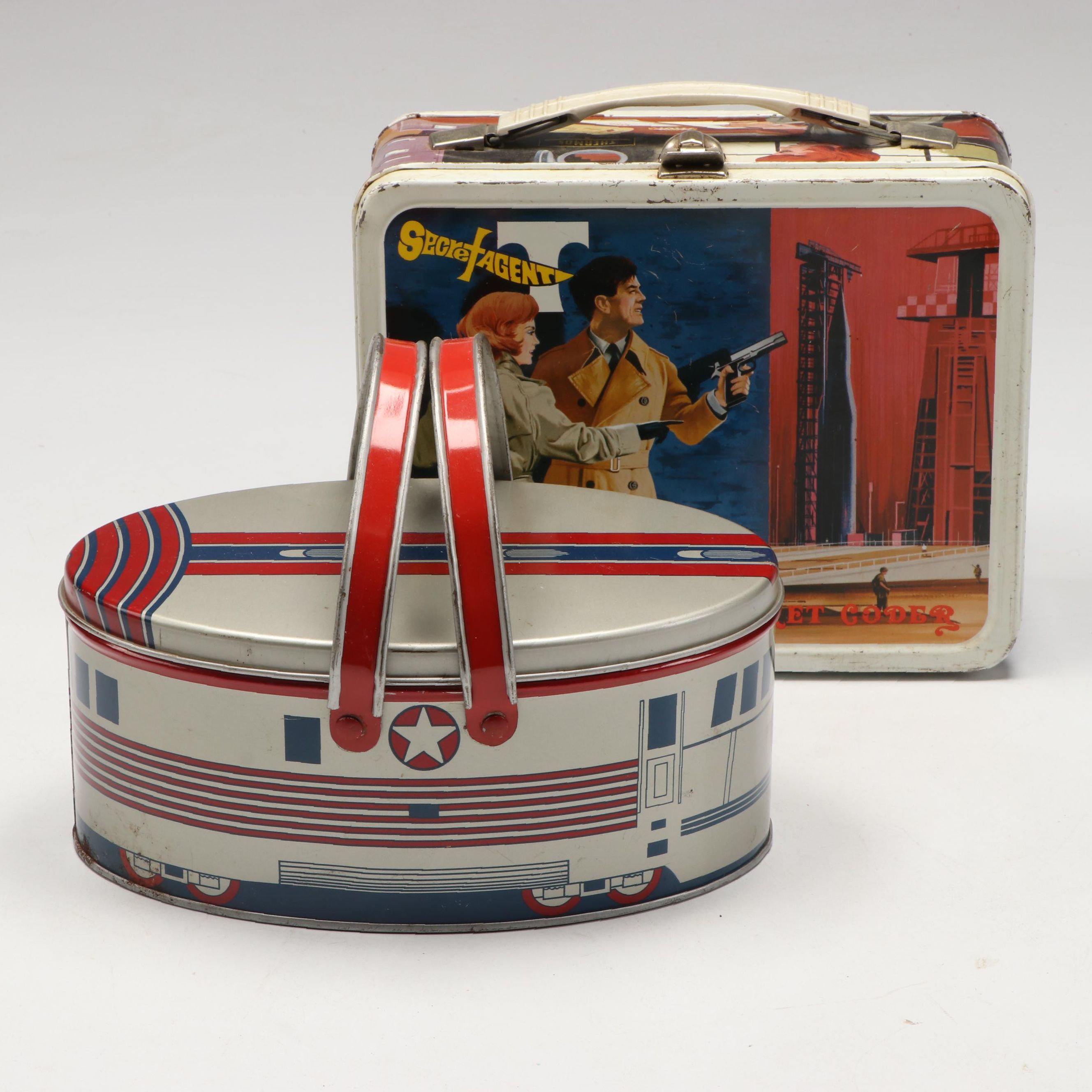 Vintage Tin Litho Secret Agent and Train Pattern Lunchboxes