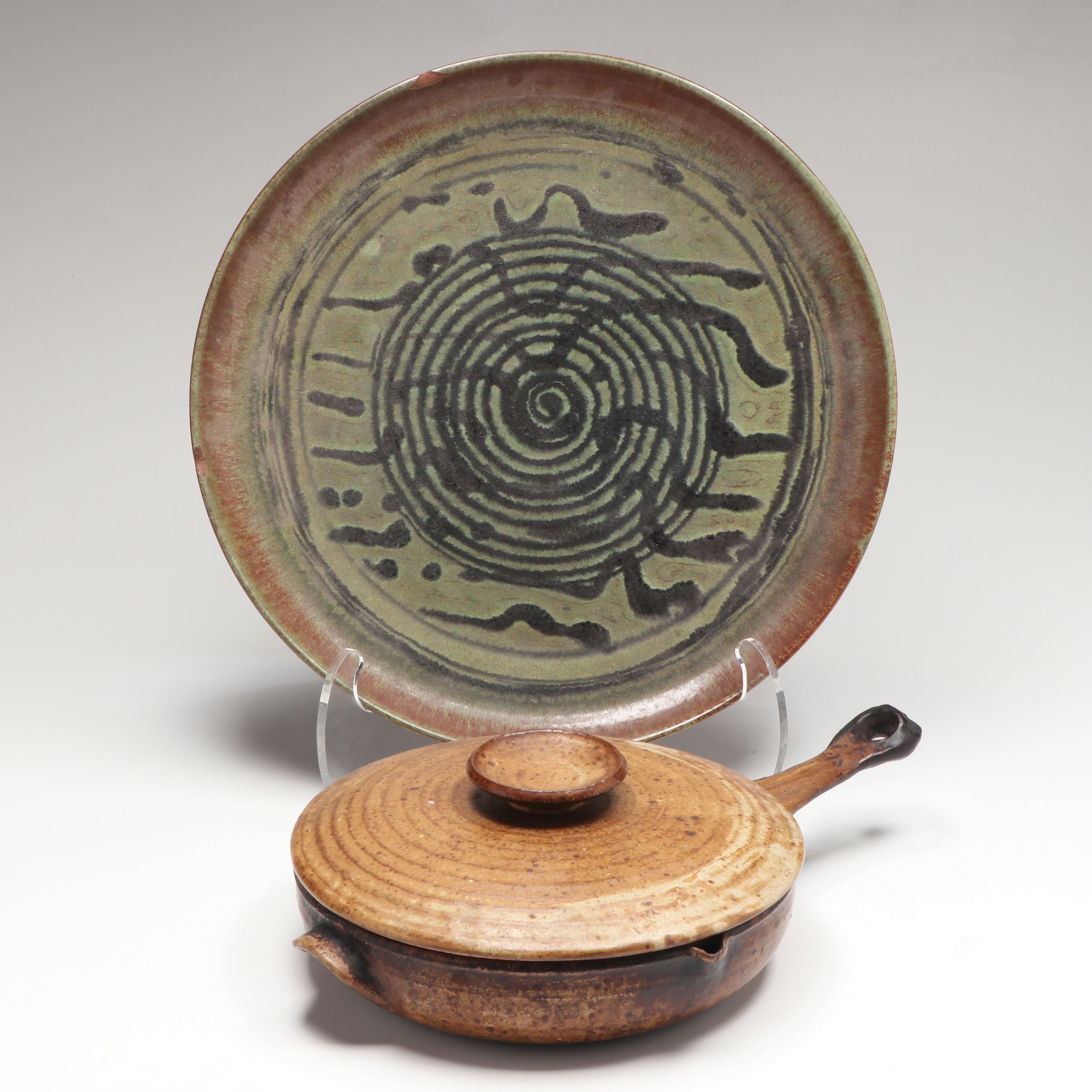 Artist Signed Wheel Thrown Art Pottery Platter and Flameware Pan