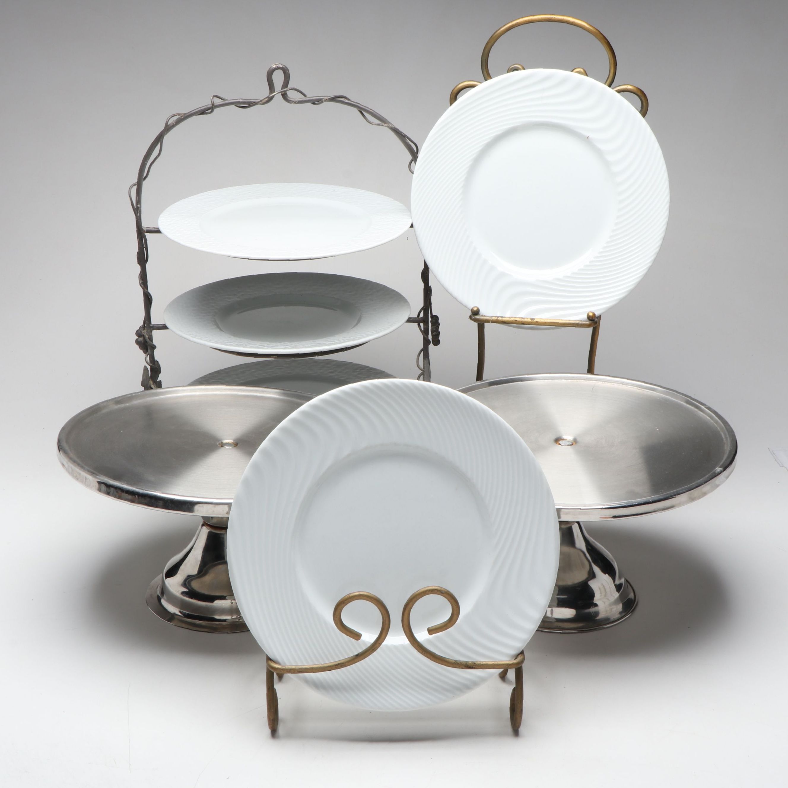 Wrought Metal Tiered Plate Stand, French Porcelain Plates and Other Tableware