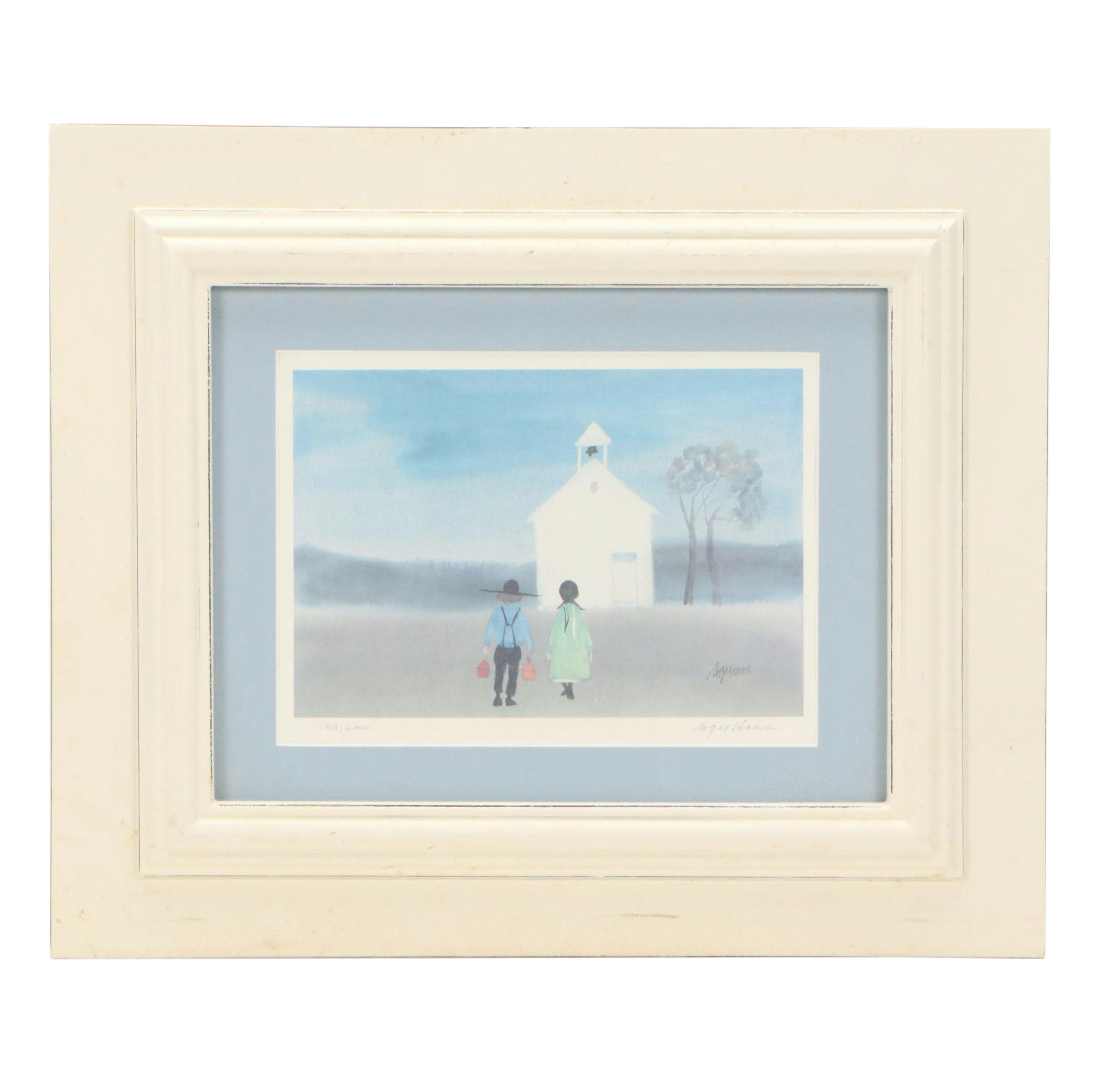 Roger Haas Offset Lithograph of Amish Couple and Church, 1985