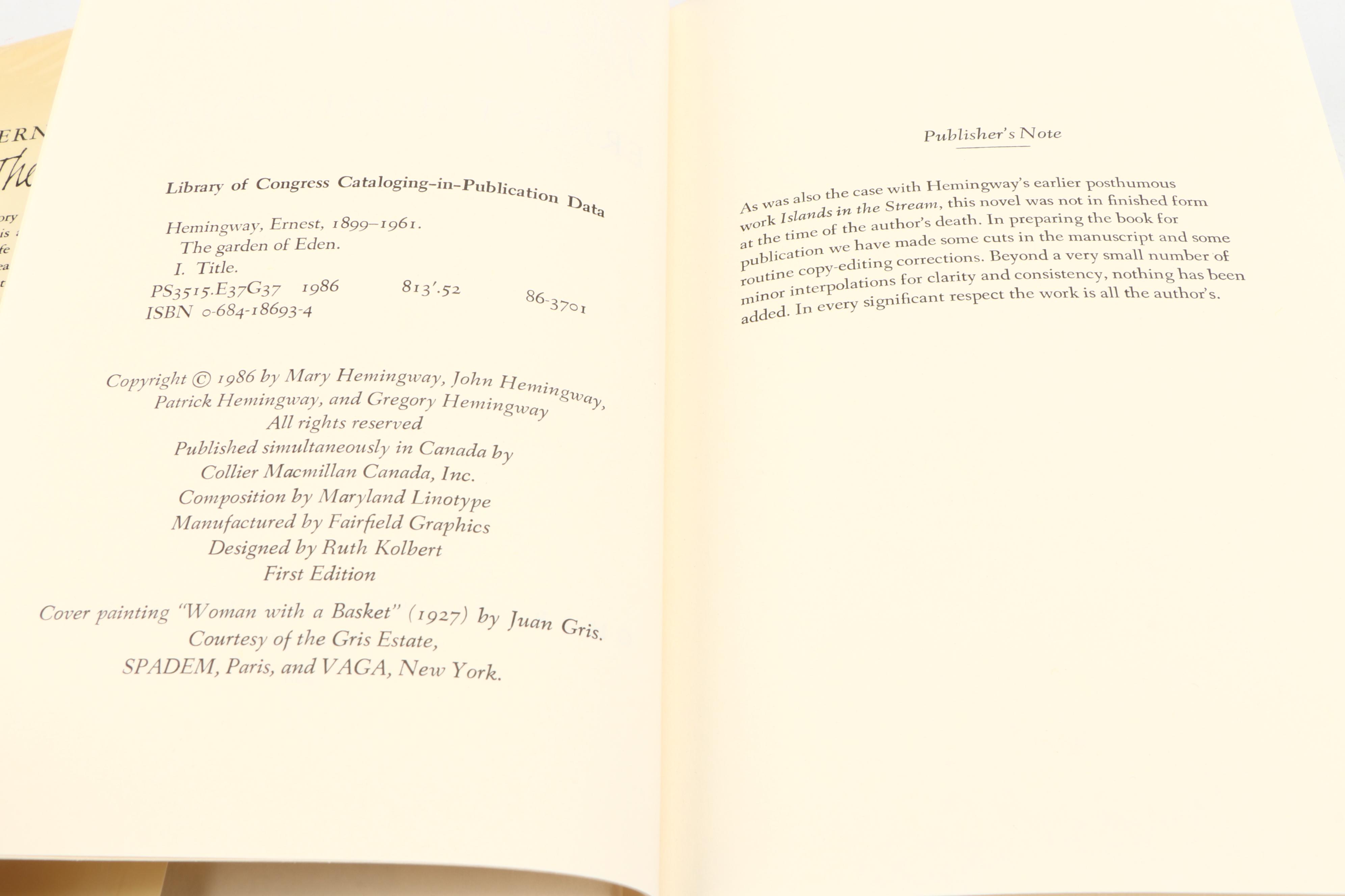 First Edition “The Garden of Eden” by Ernest Hemingway, 1986