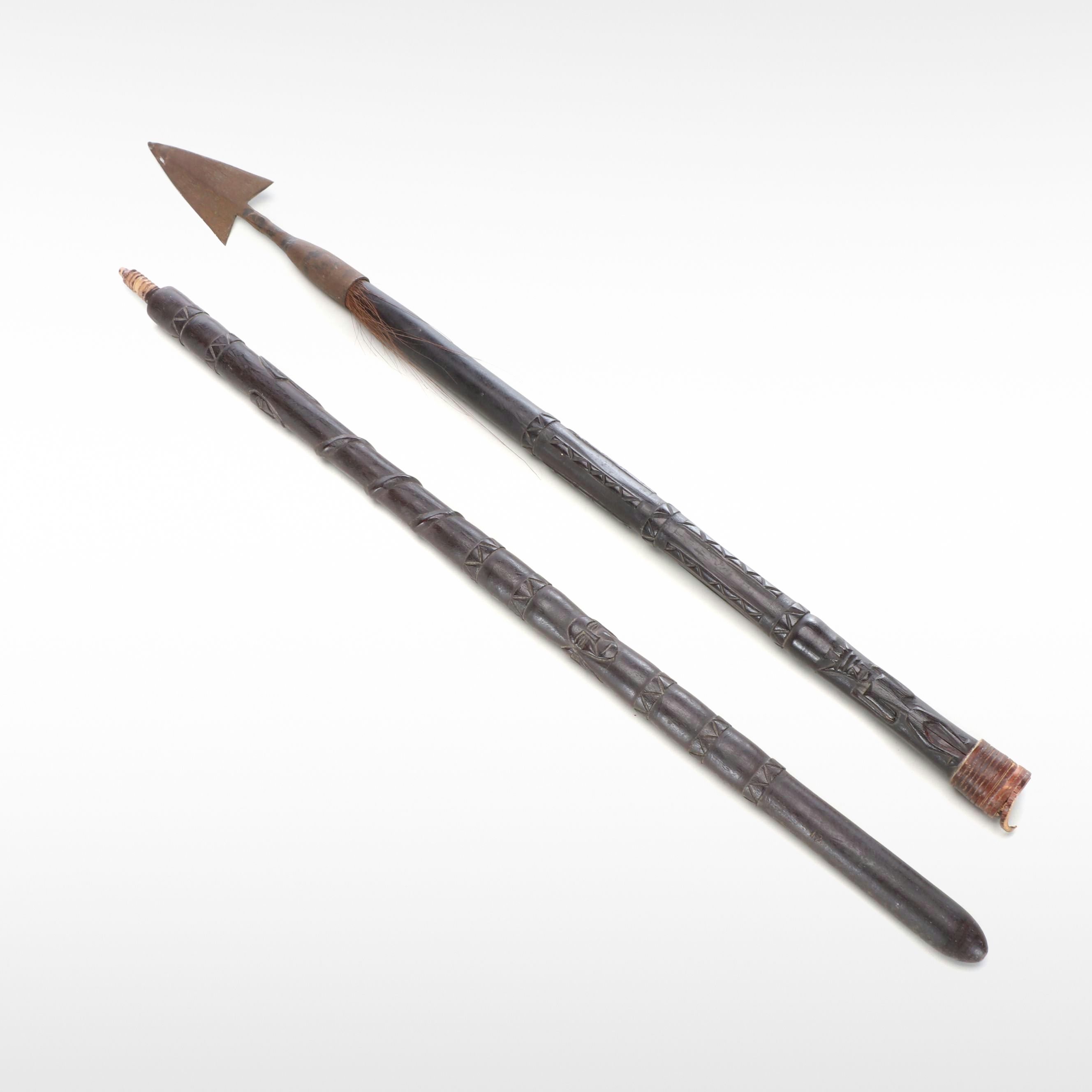 African Hand-Carved Wood and Iron Tipped Spear