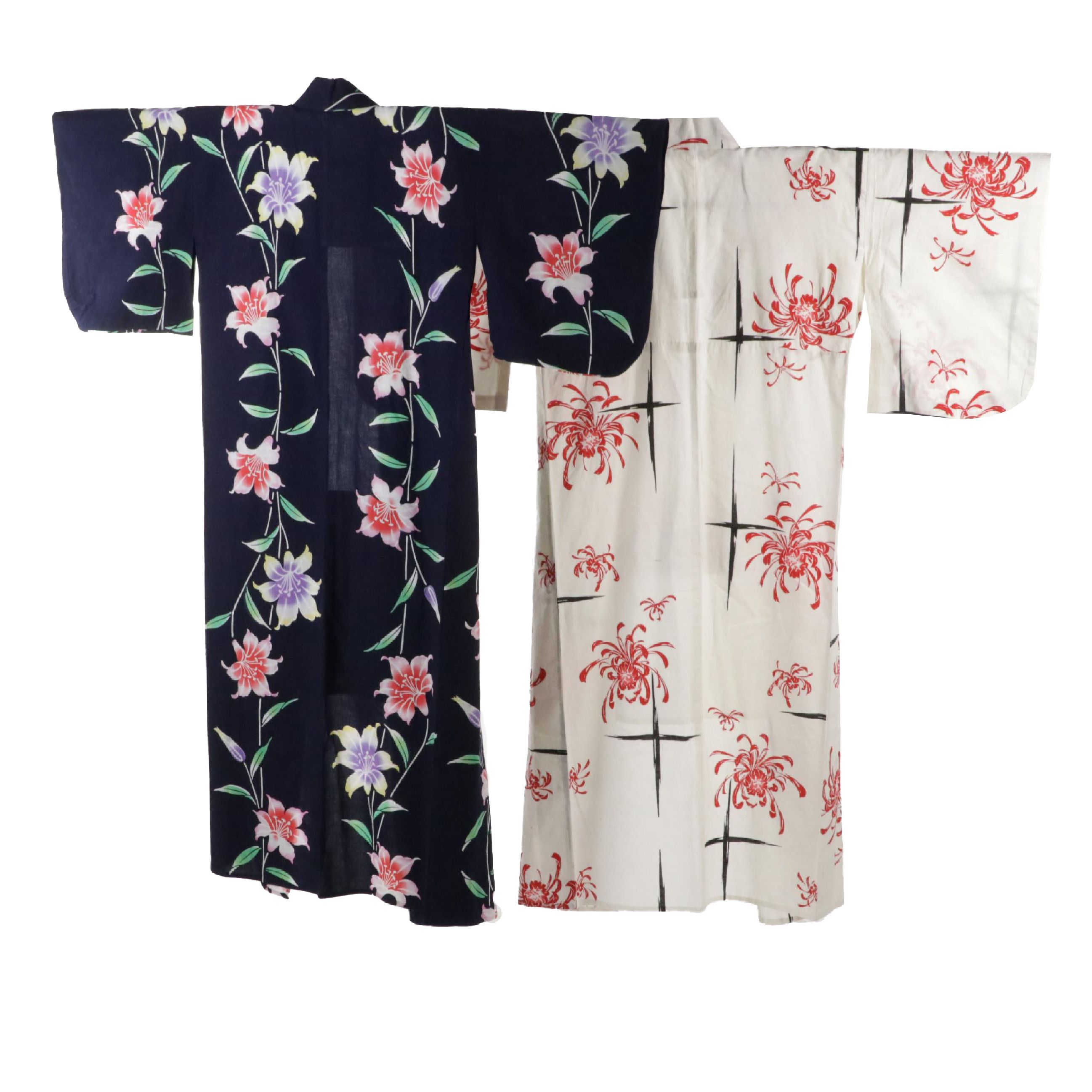 Japanese Yukata Kimonos in White Kiku Printed and Dark Blue Yuri Printed Cotton
