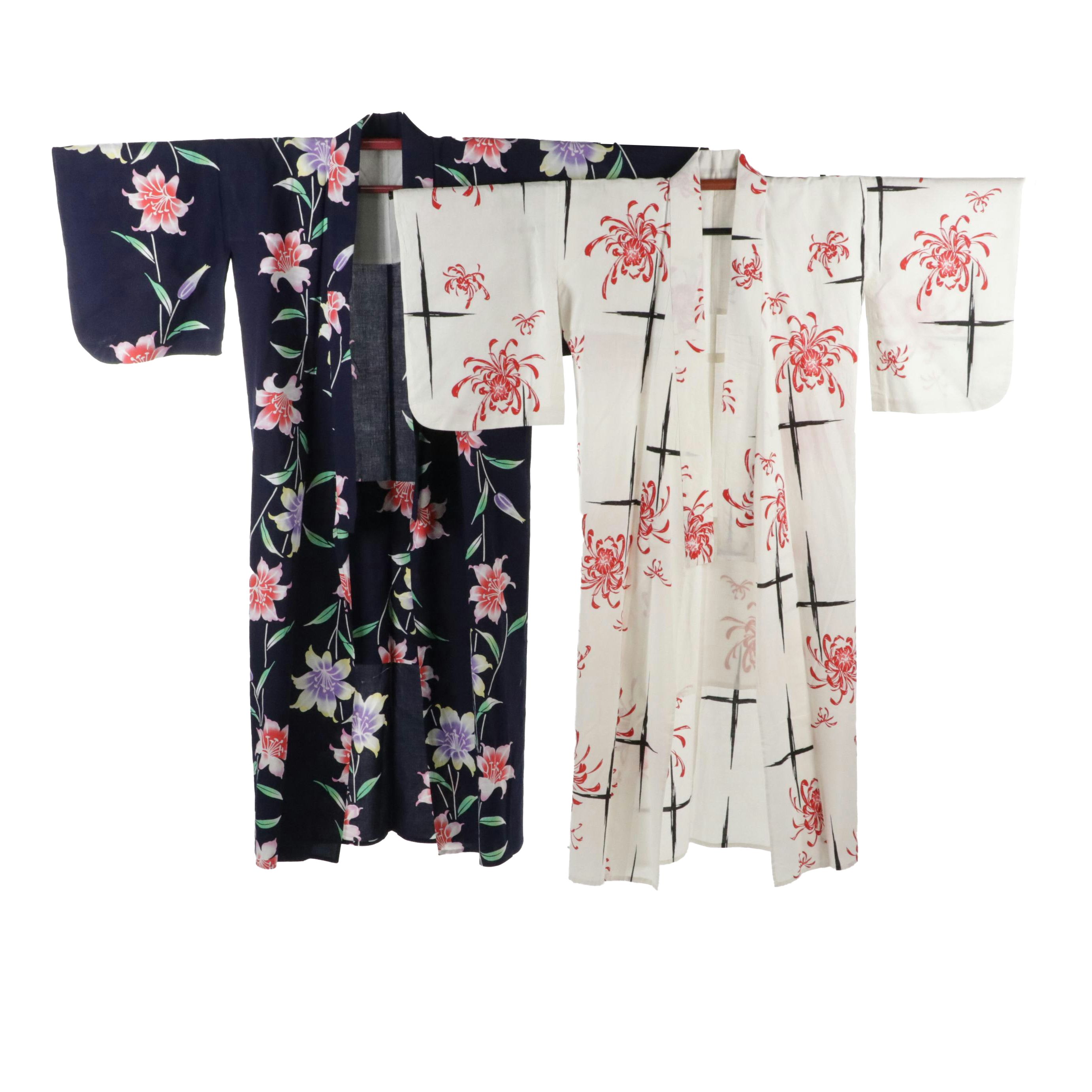 Japanese Yukata Kimonos in White Kiku Printed and Dark Blue Yuri Printed Cotton