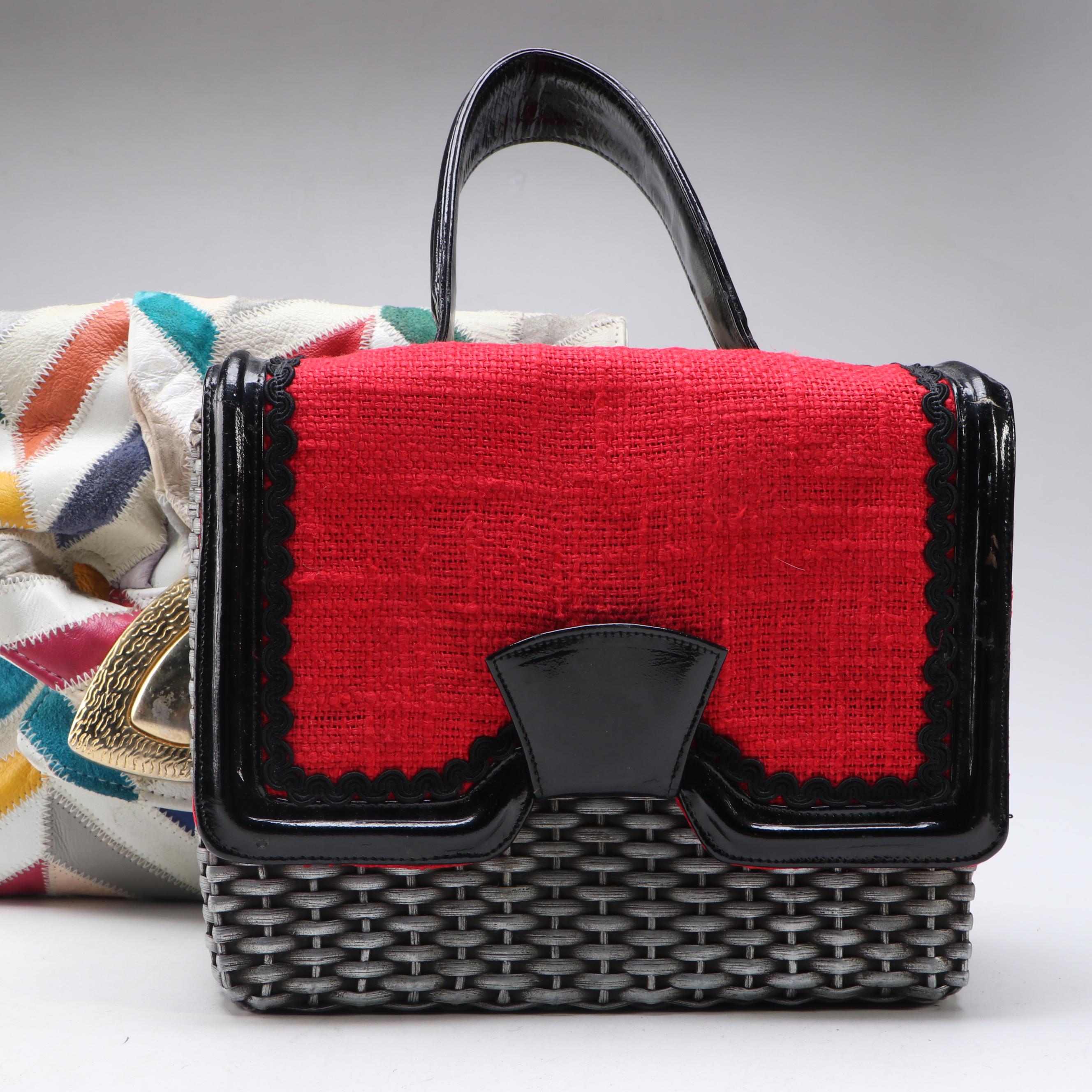Patchwork Leather Chevron Stitched Shoulder Bag and Wicker Basket Handbag