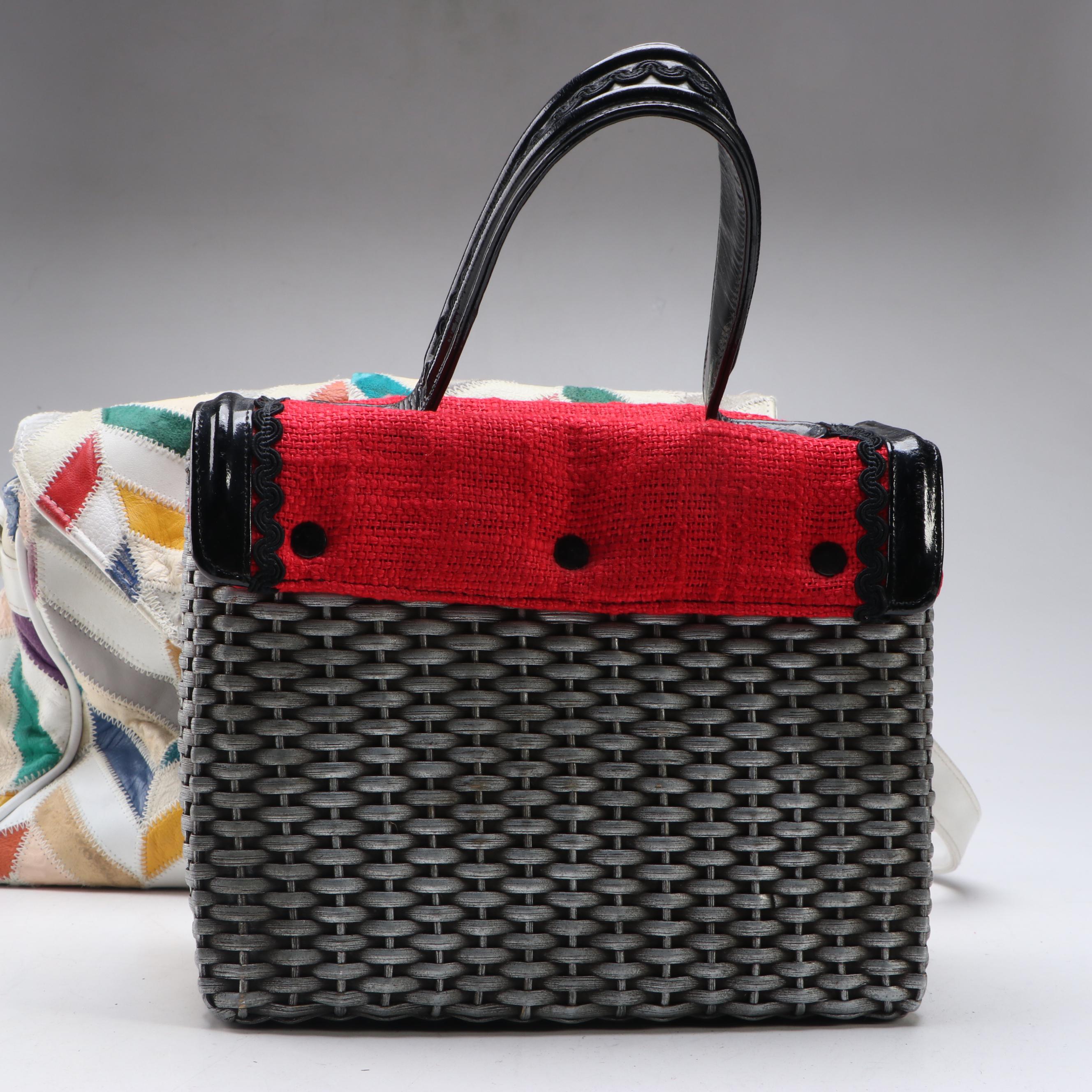 Patchwork Leather Chevron Stitched Shoulder Bag and Wicker Basket Handbag