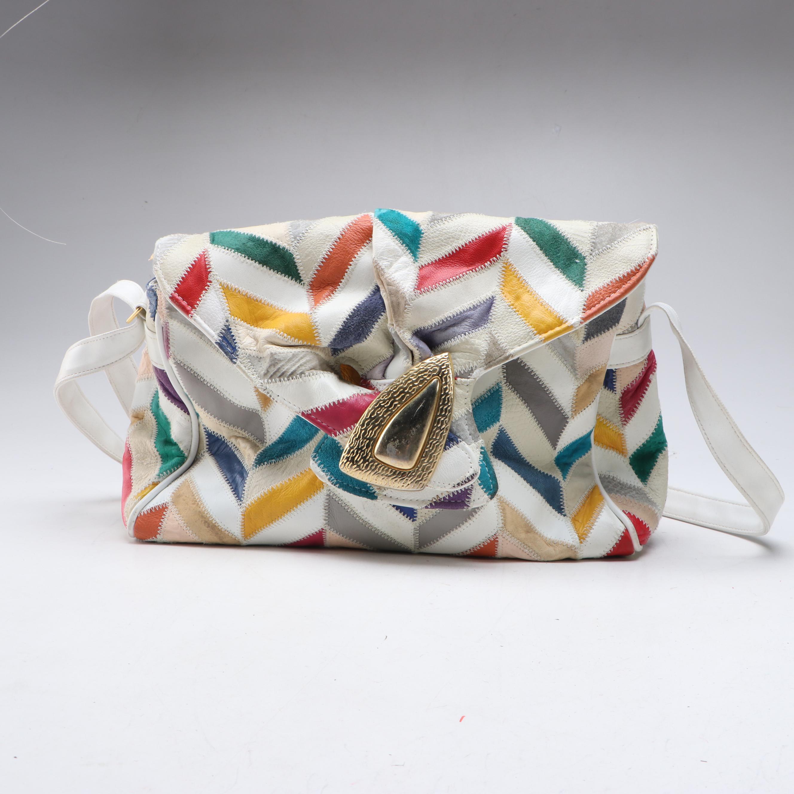 Patchwork Leather Chevron Stitched Shoulder Bag and Wicker Basket Handbag