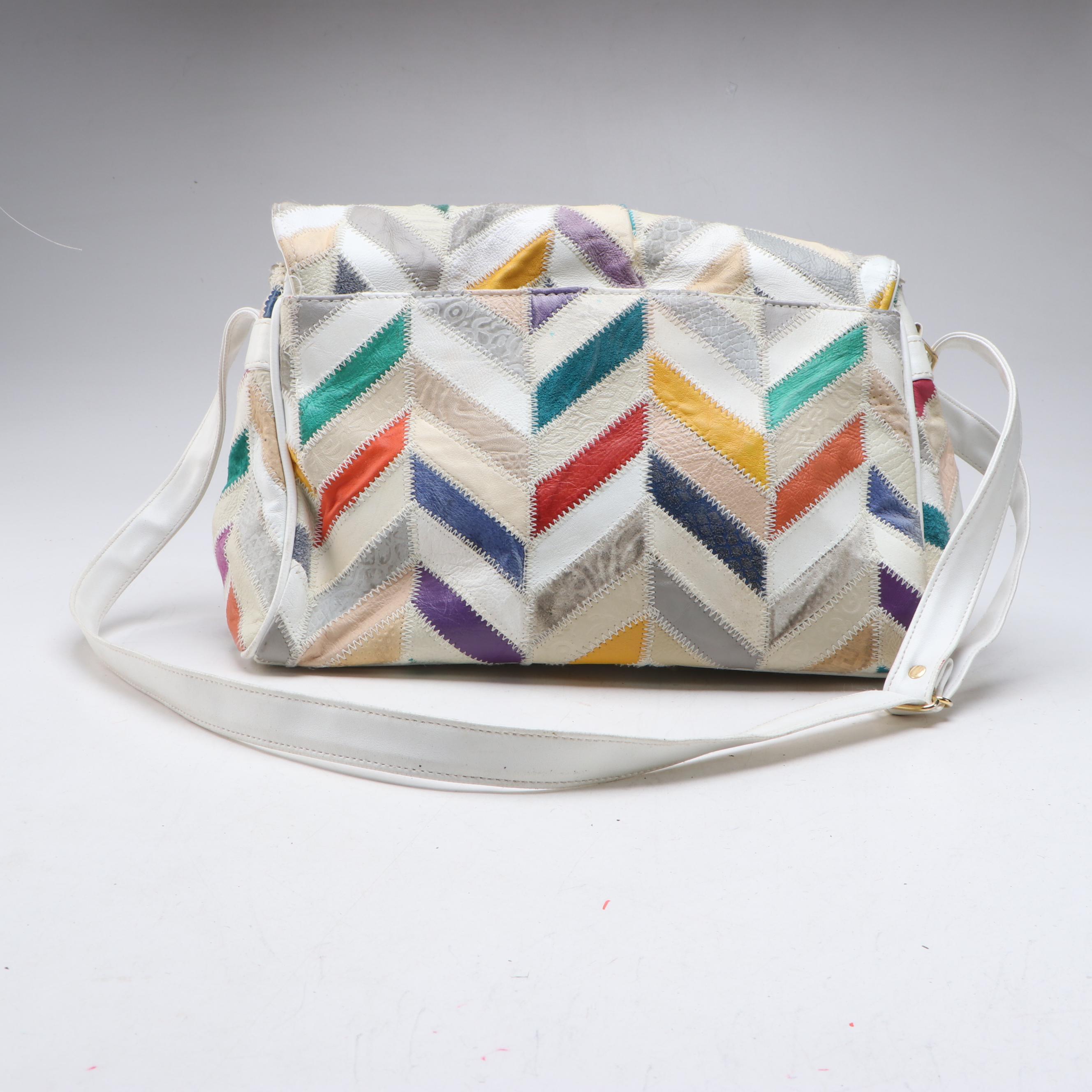 Patchwork Leather Chevron Stitched Shoulder Bag and Wicker Basket Handbag