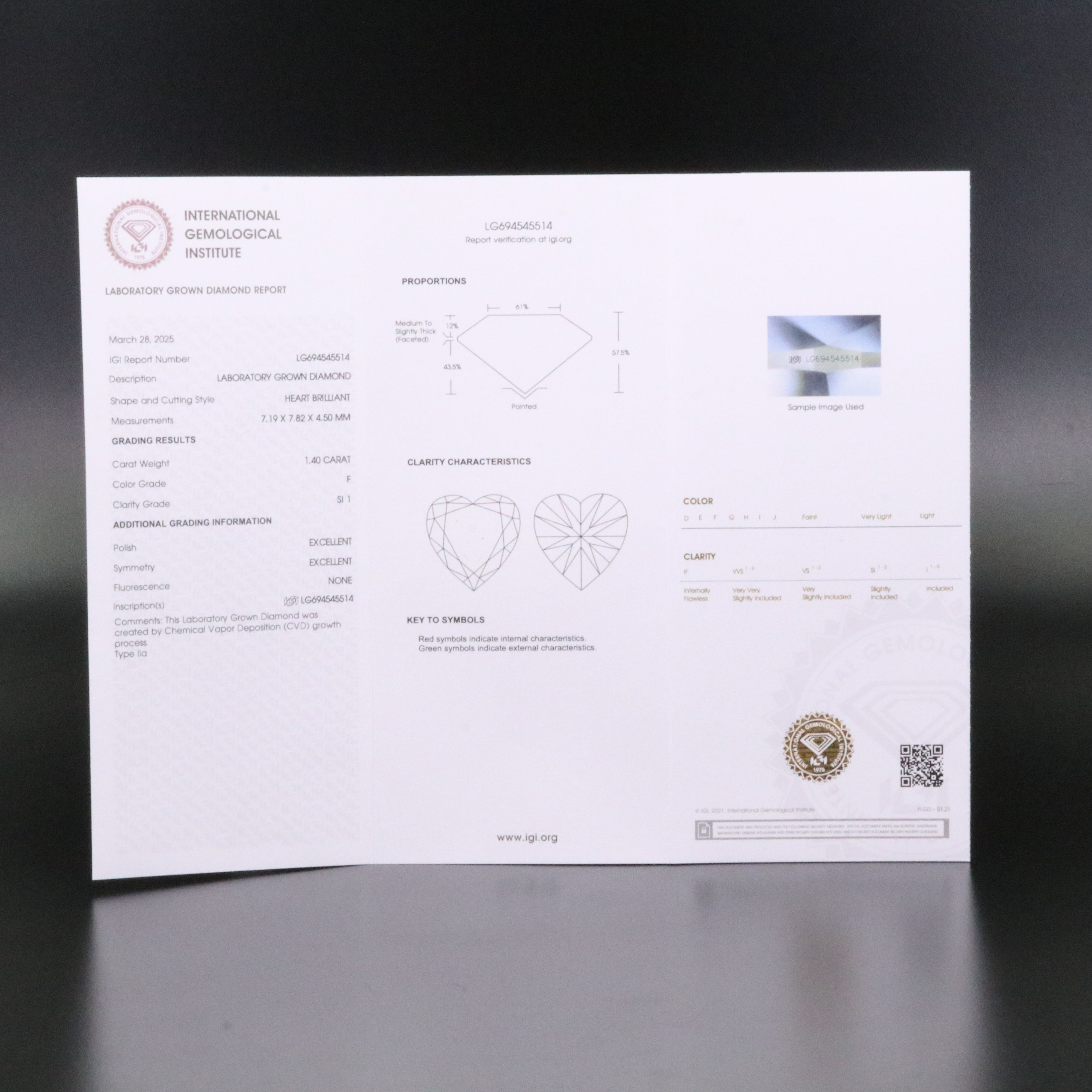 Loose 1.40 CT Lab Grown Diamond with IGI Report
