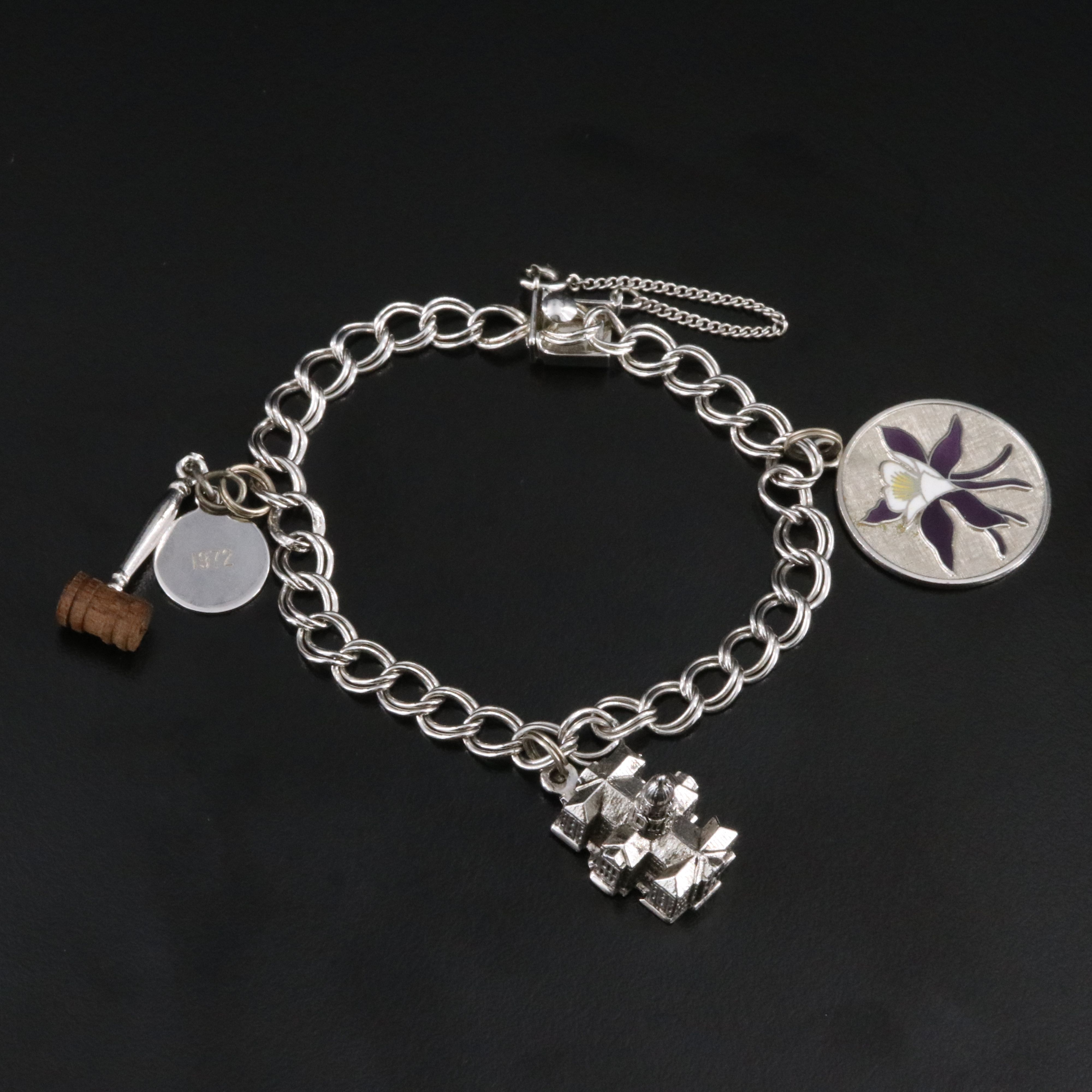 Vintage Sterling Enamel and Wood Charm Bracelet