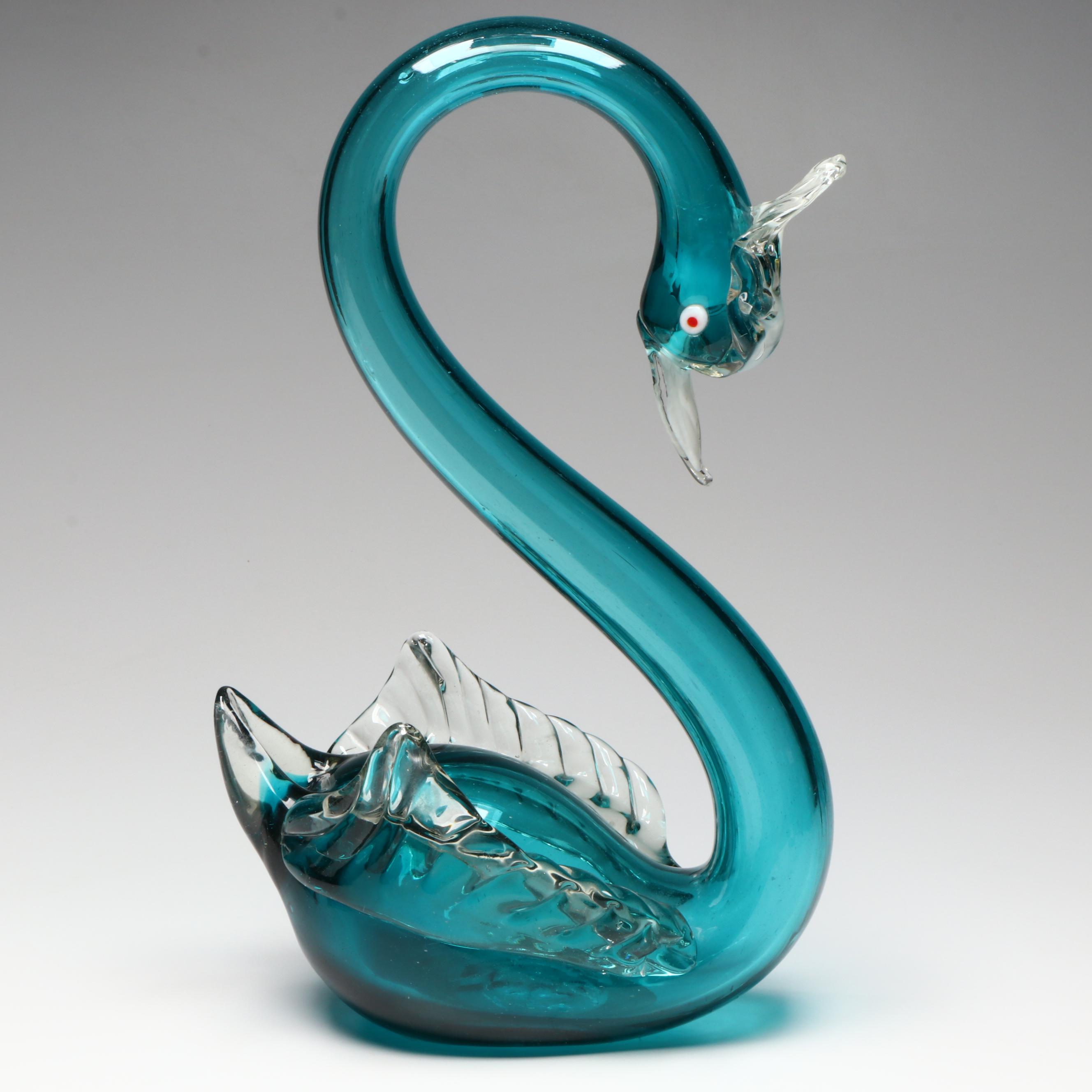 Murano Style Art Glass Aqua Blue Swan Figurine