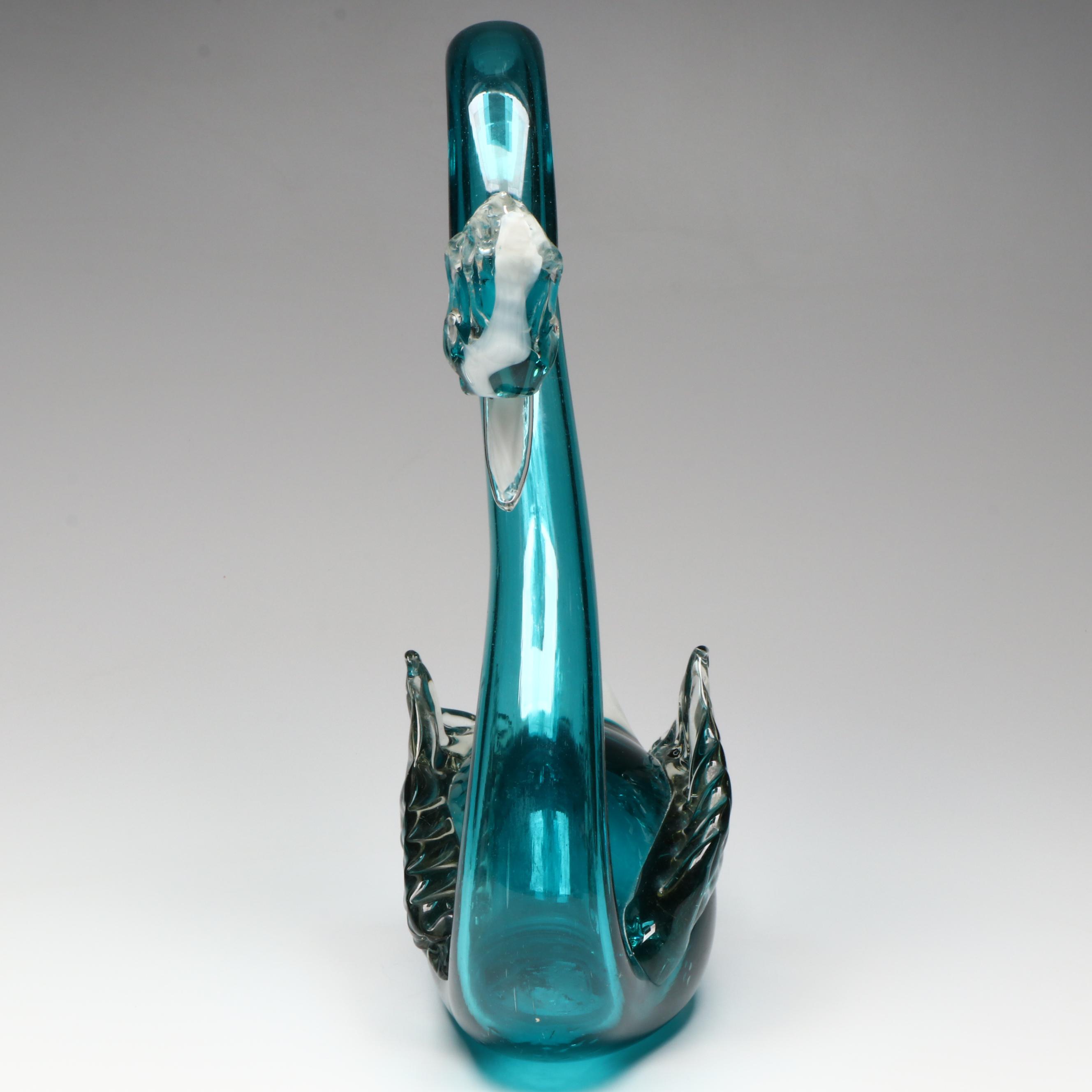 Murano Style Art Glass Aqua Blue Swan Figurine