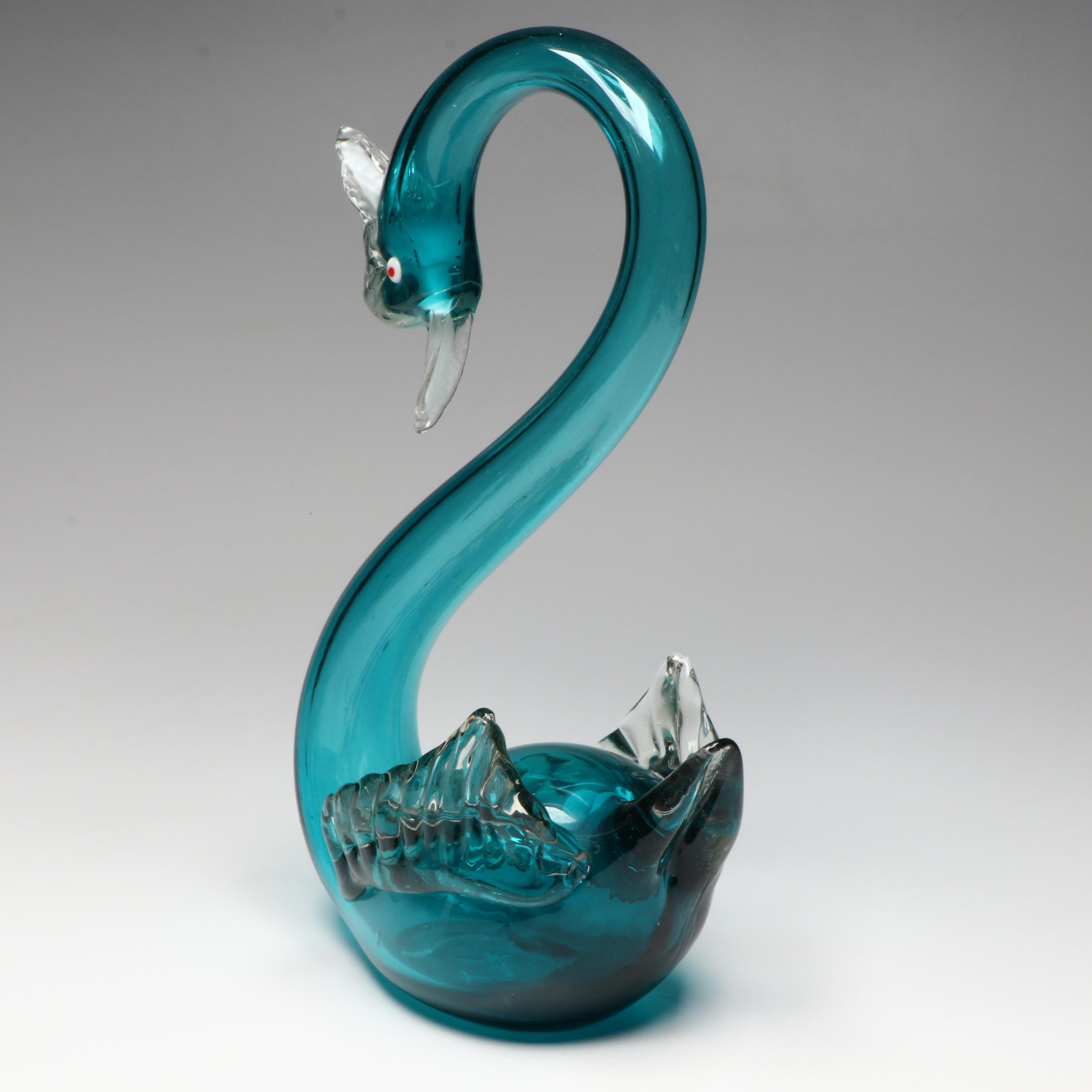 Murano Style Art Glass Aqua Blue Swan Figurine