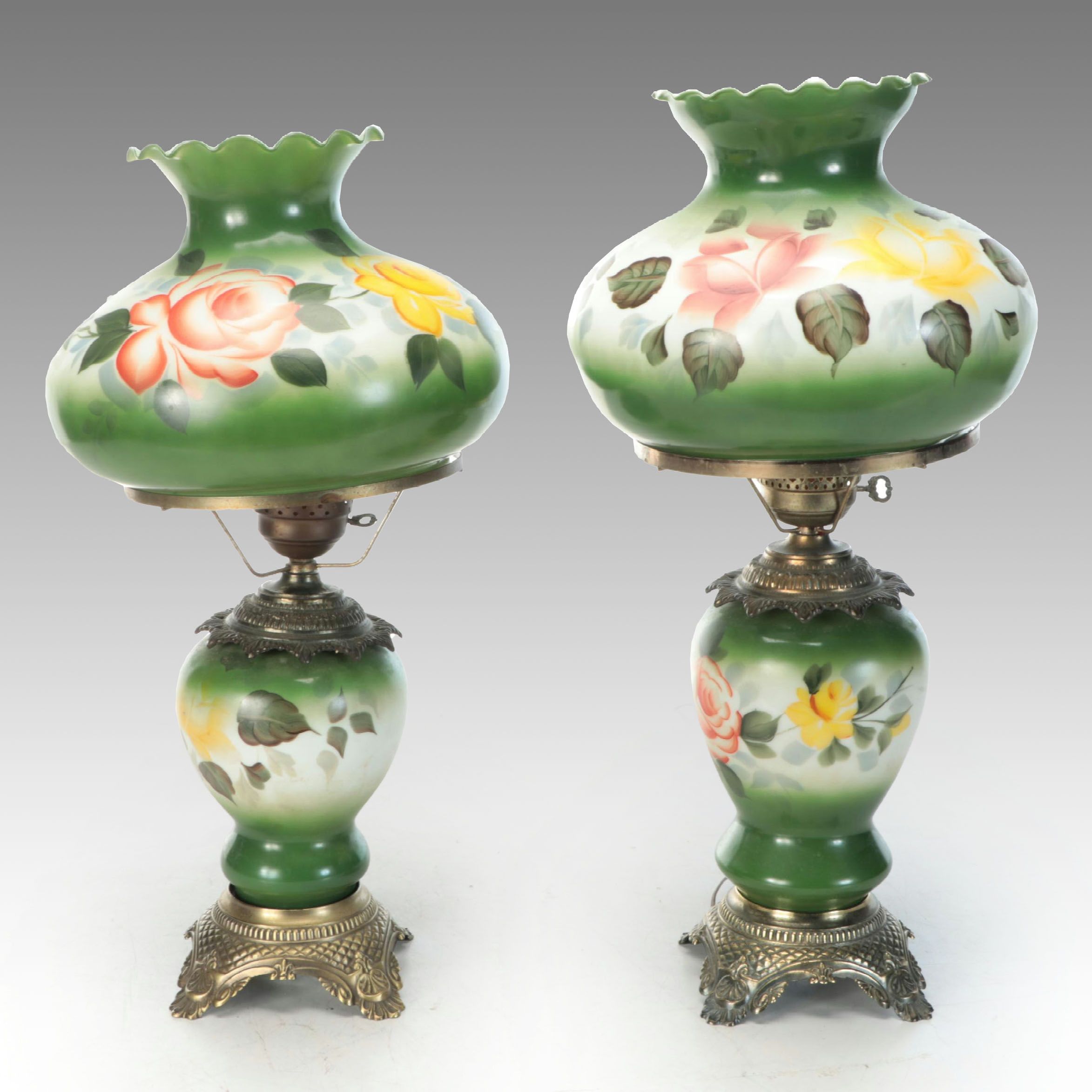Pair of Victorian Style Hand-Painted Milk Glass Parlor Lamps, Vintage