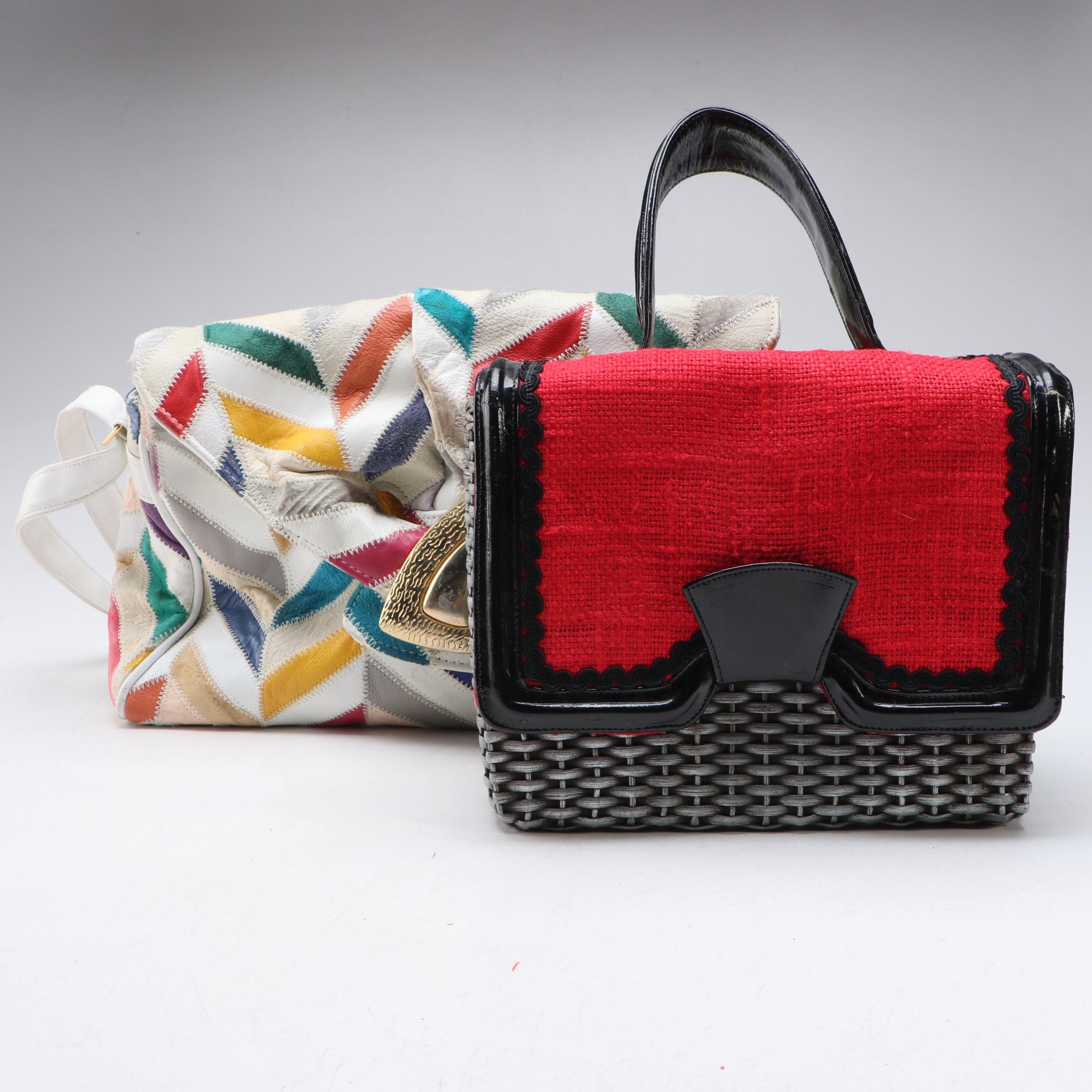 Patchwork Leather Chevron Stitched Shoulder Bag and Wicker Basket Handbag