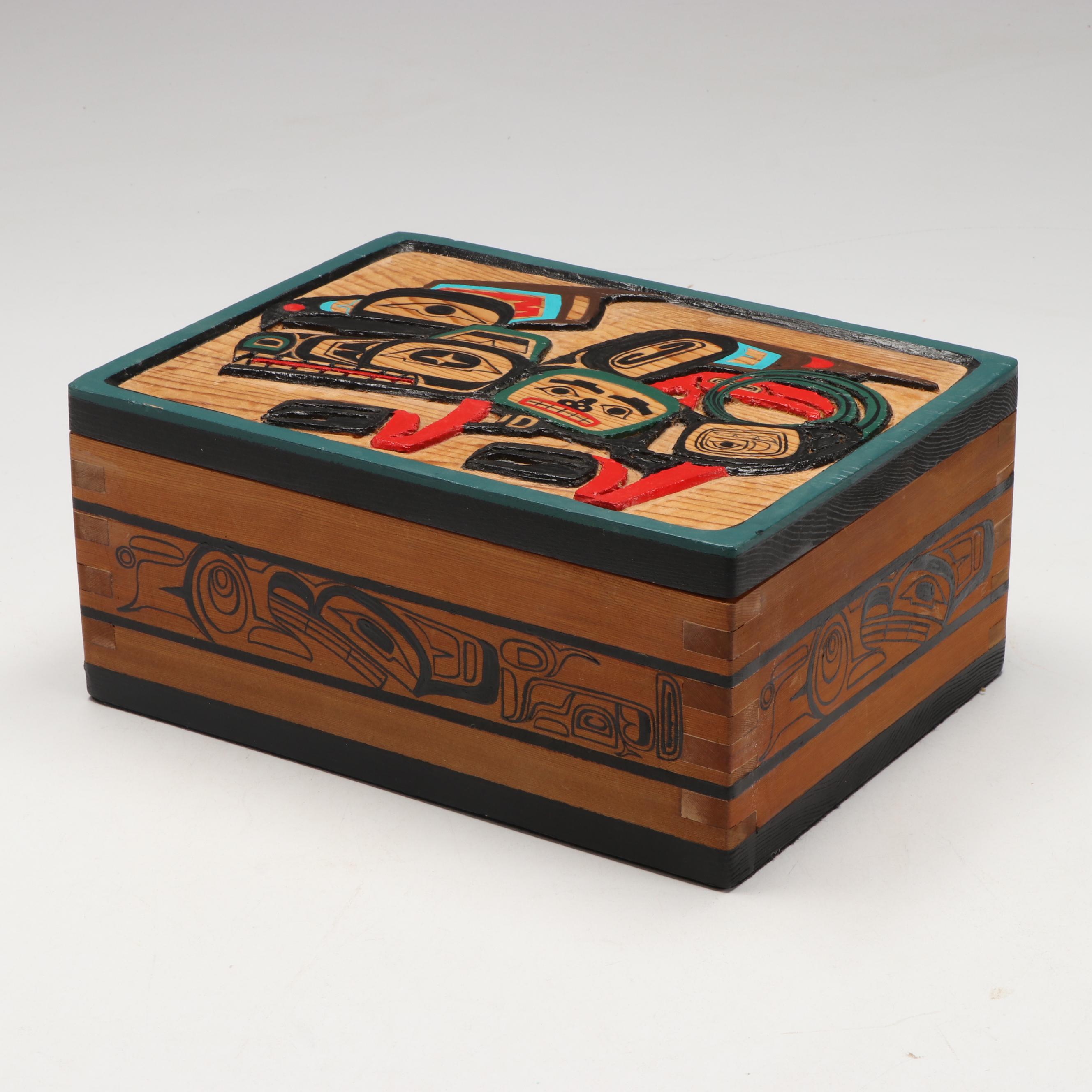 Rose Albert Carved and Hand-Painted Red Cedar Eagle and Wolf Box