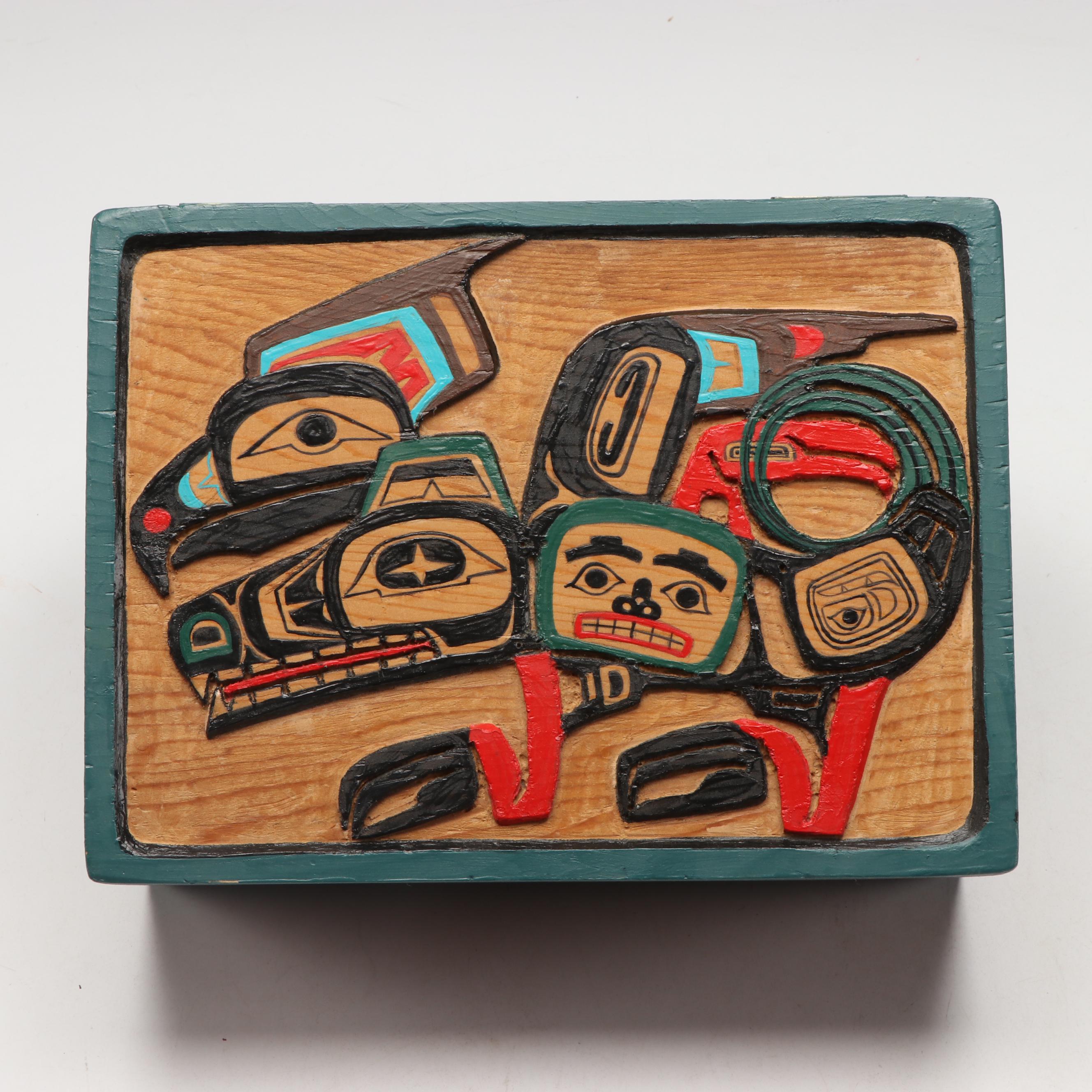 Rose Albert Carved and Hand-Painted Red Cedar Eagle and Wolf Box
