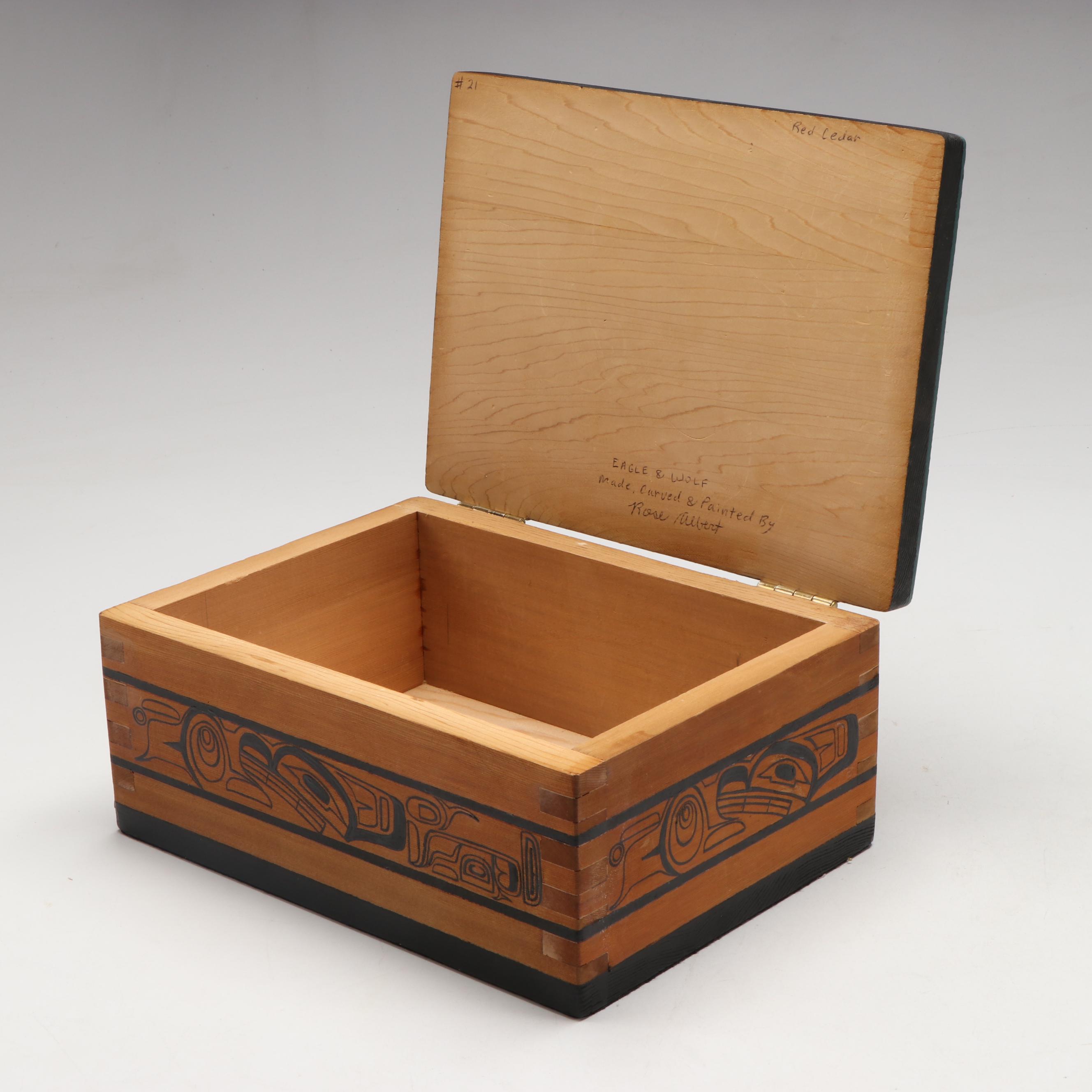 Rose Albert Carved and Hand-Painted Red Cedar Eagle and Wolf Box