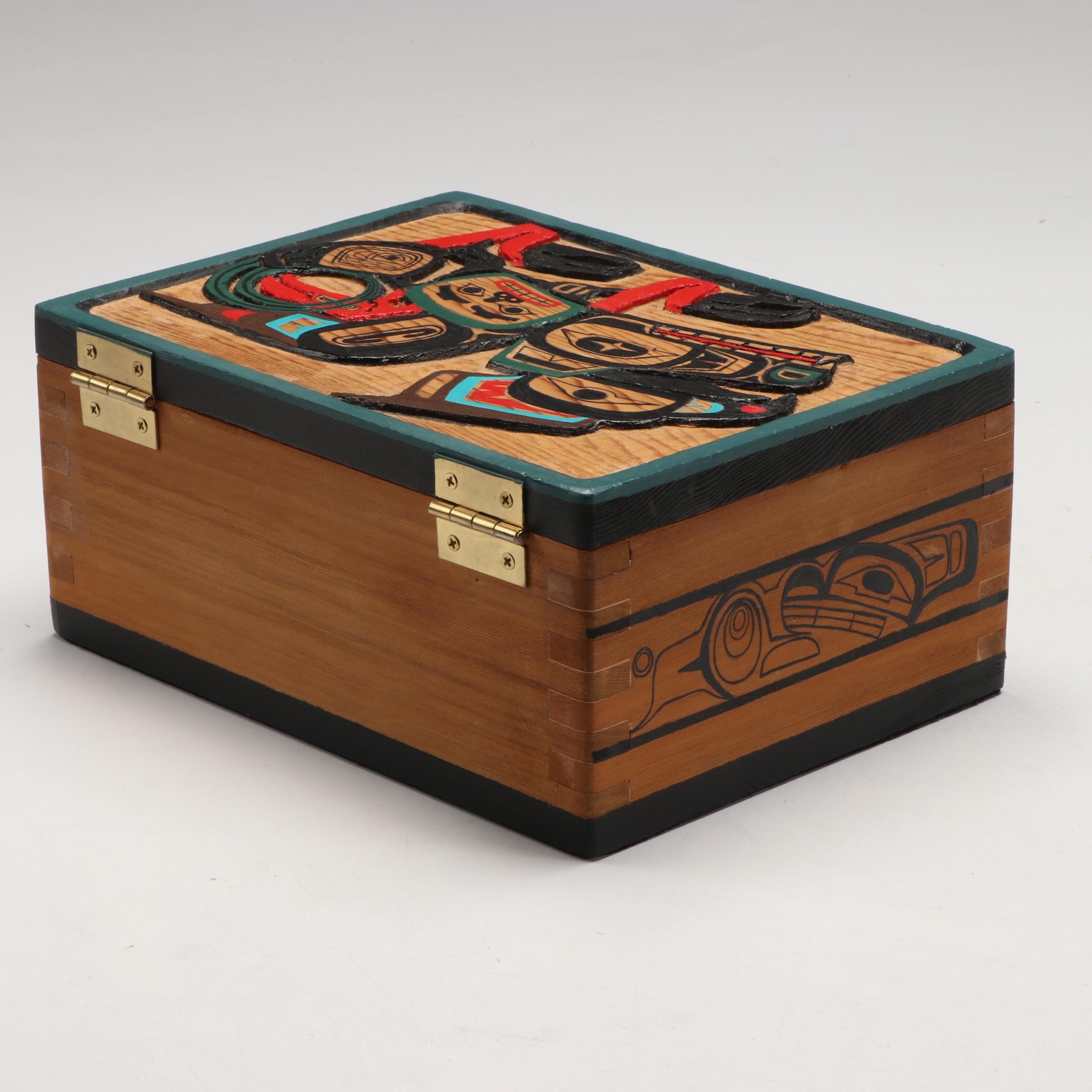 Rose Albert Carved and Hand-Painted Red Cedar Eagle and Wolf Box