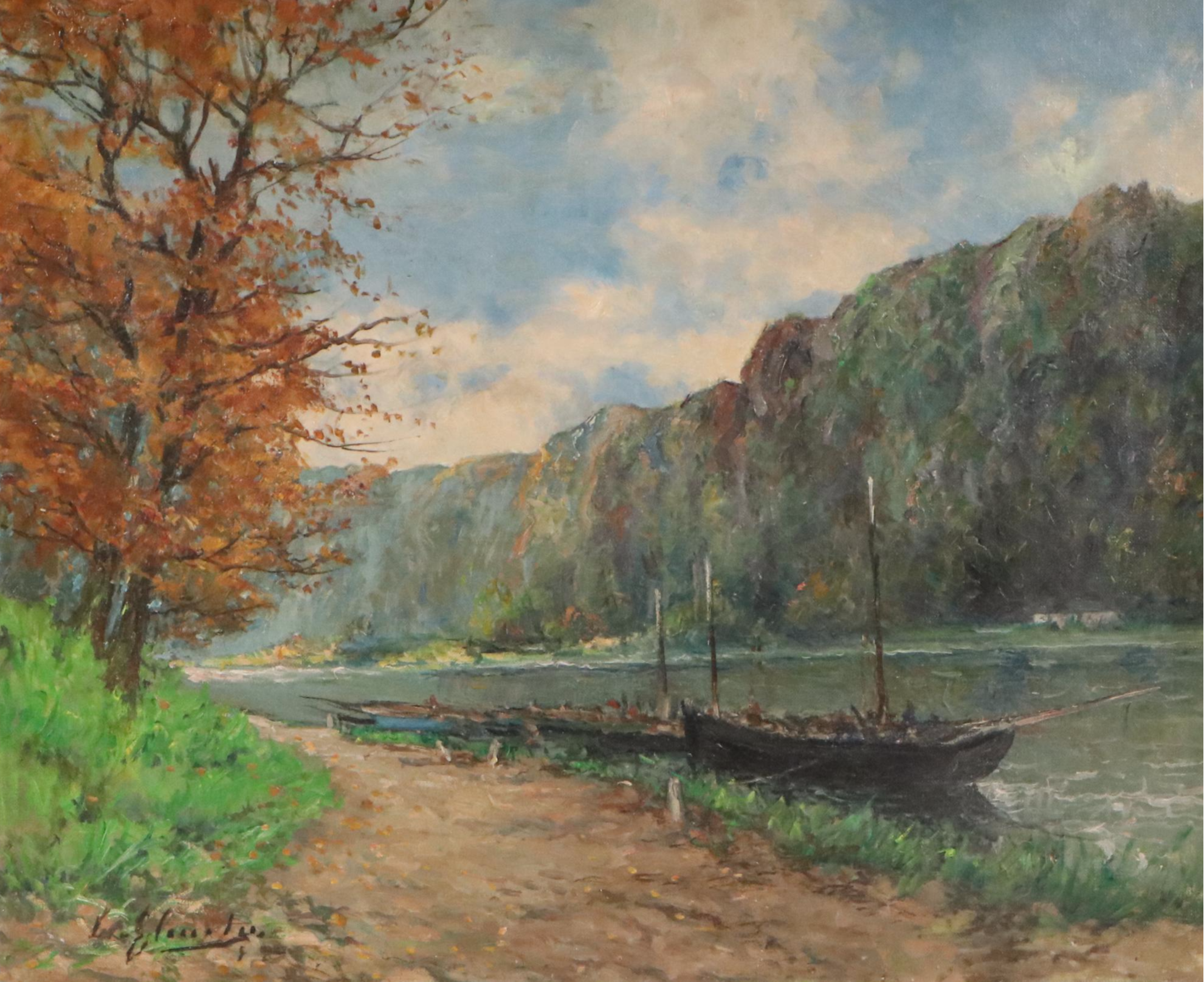 G. Carlier Landscape Oil Painting "Bords de la Meuse," 20th Century