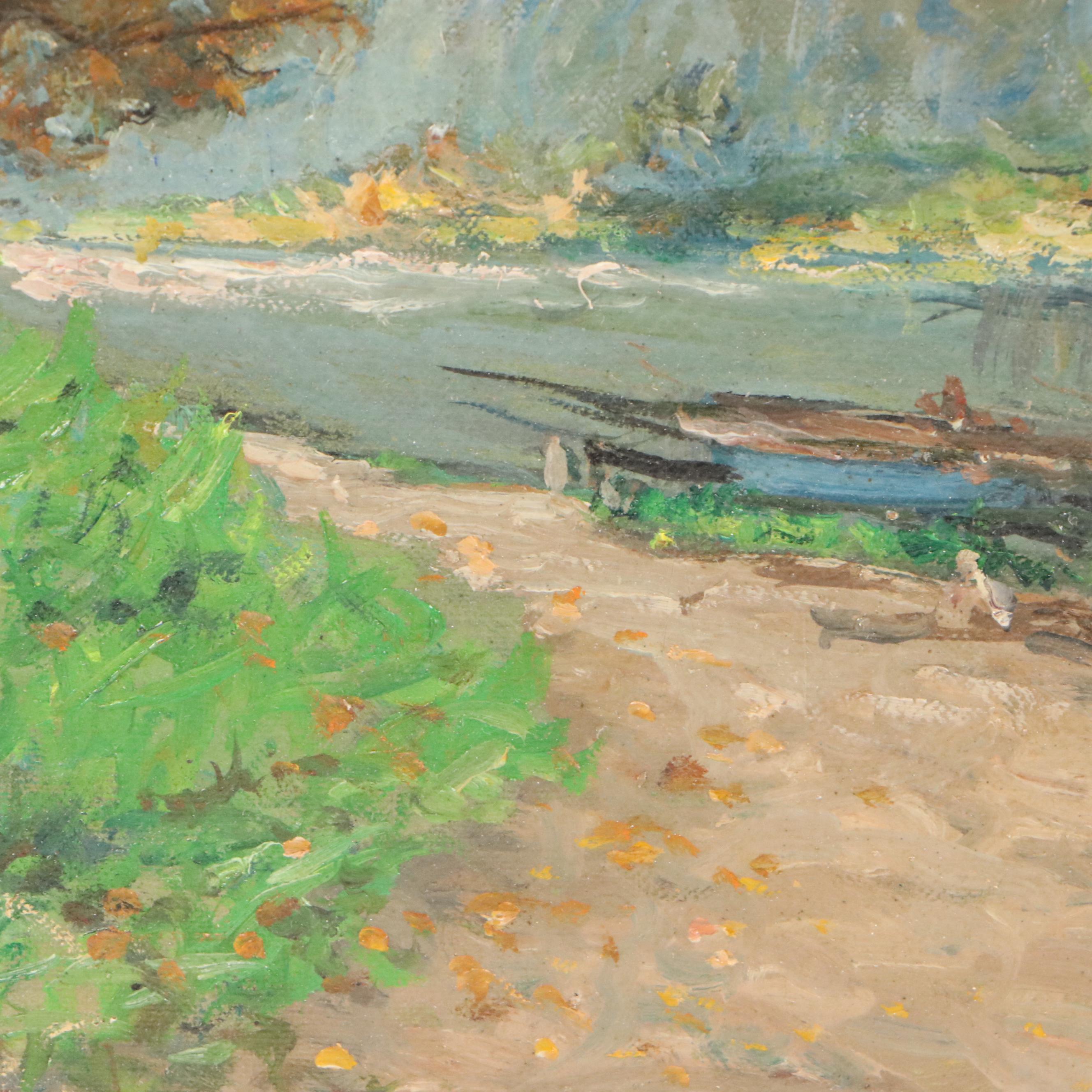 G. Carlier Landscape Oil Painting "Bords de la Meuse," 20th Century