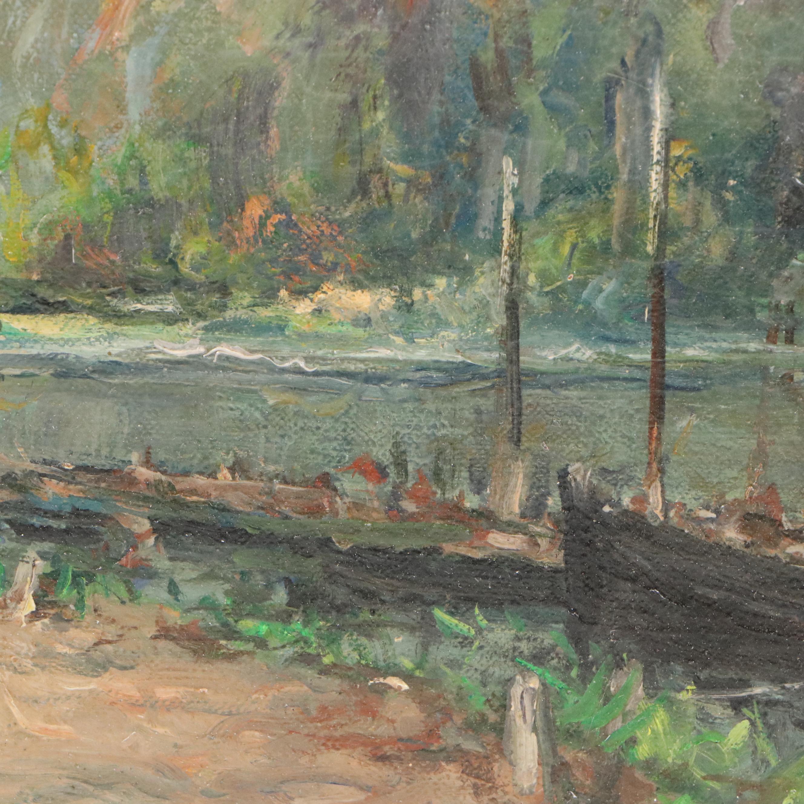 G. Carlier Landscape Oil Painting "Bords de la Meuse," 20th Century