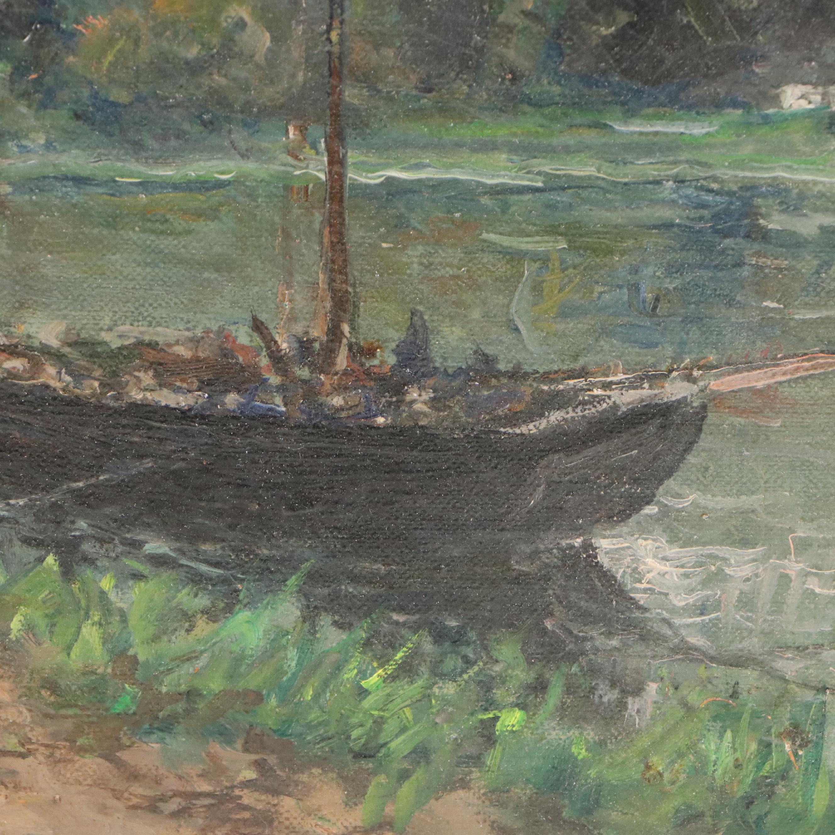 G. Carlier Landscape Oil Painting "Bords de la Meuse," 20th Century