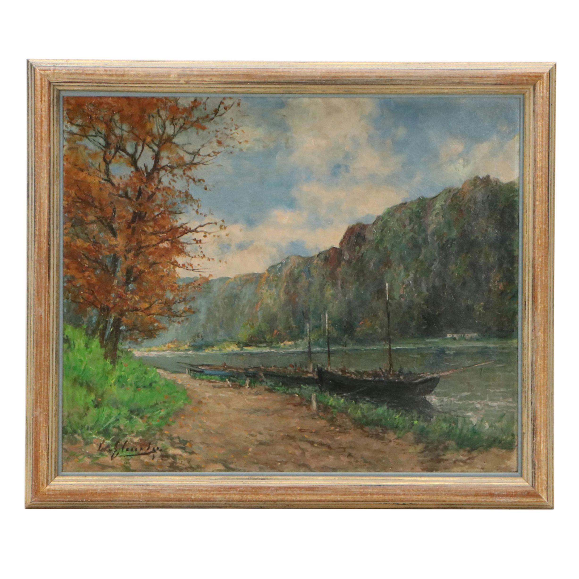 G. Carlier Landscape Oil Painting "Bords de la Meuse," 20th Century