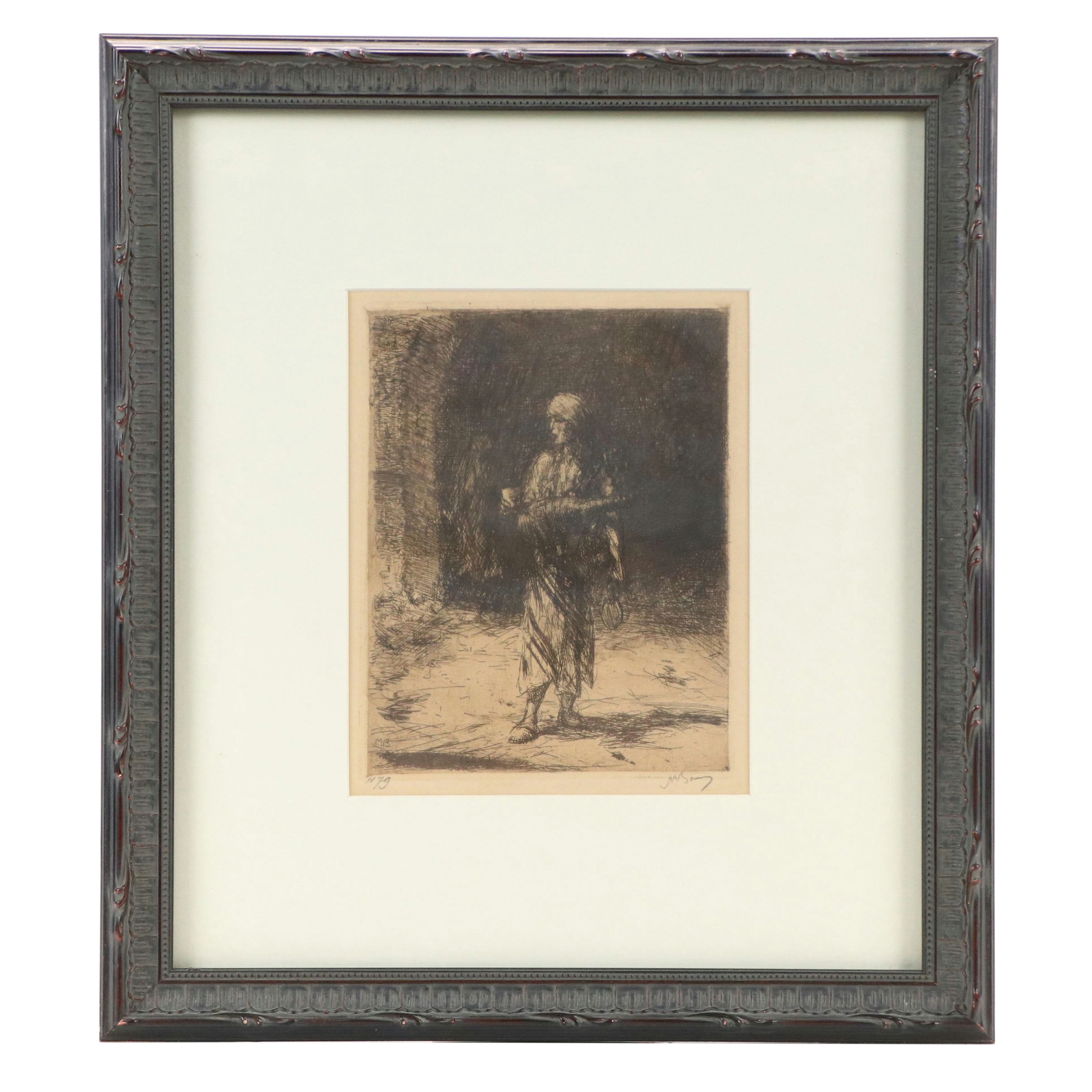 Marius Alexander Jacques Bauer Etching "An Egyptian Water Carrier"
