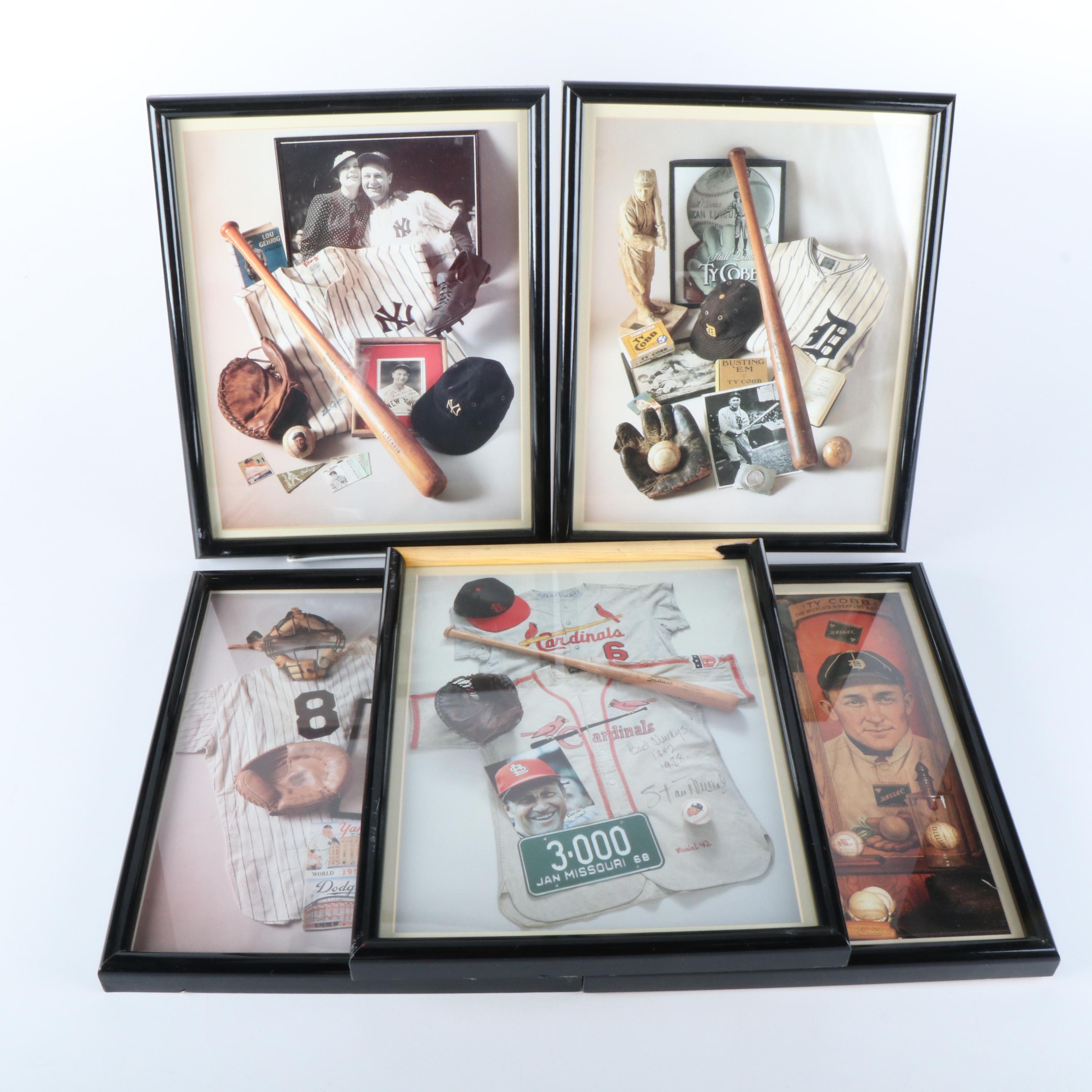 Framed Baseball Prints Featuring Ty Cobb, Stan Musial, Lou Gehrig, and More