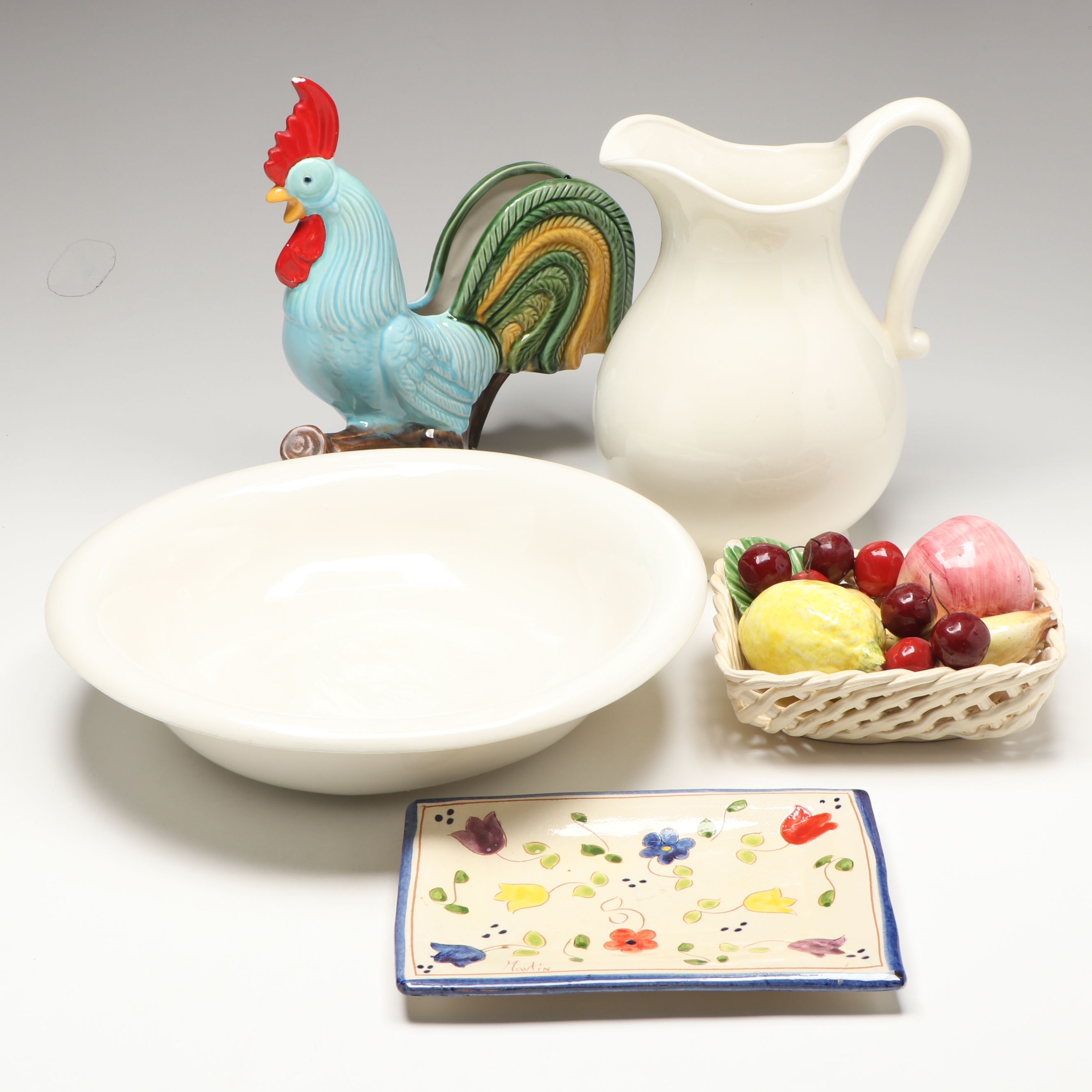 Artist Signed Ceramic Rooster Napkin Holder, Ceramic Pitcher, and More Tableware
