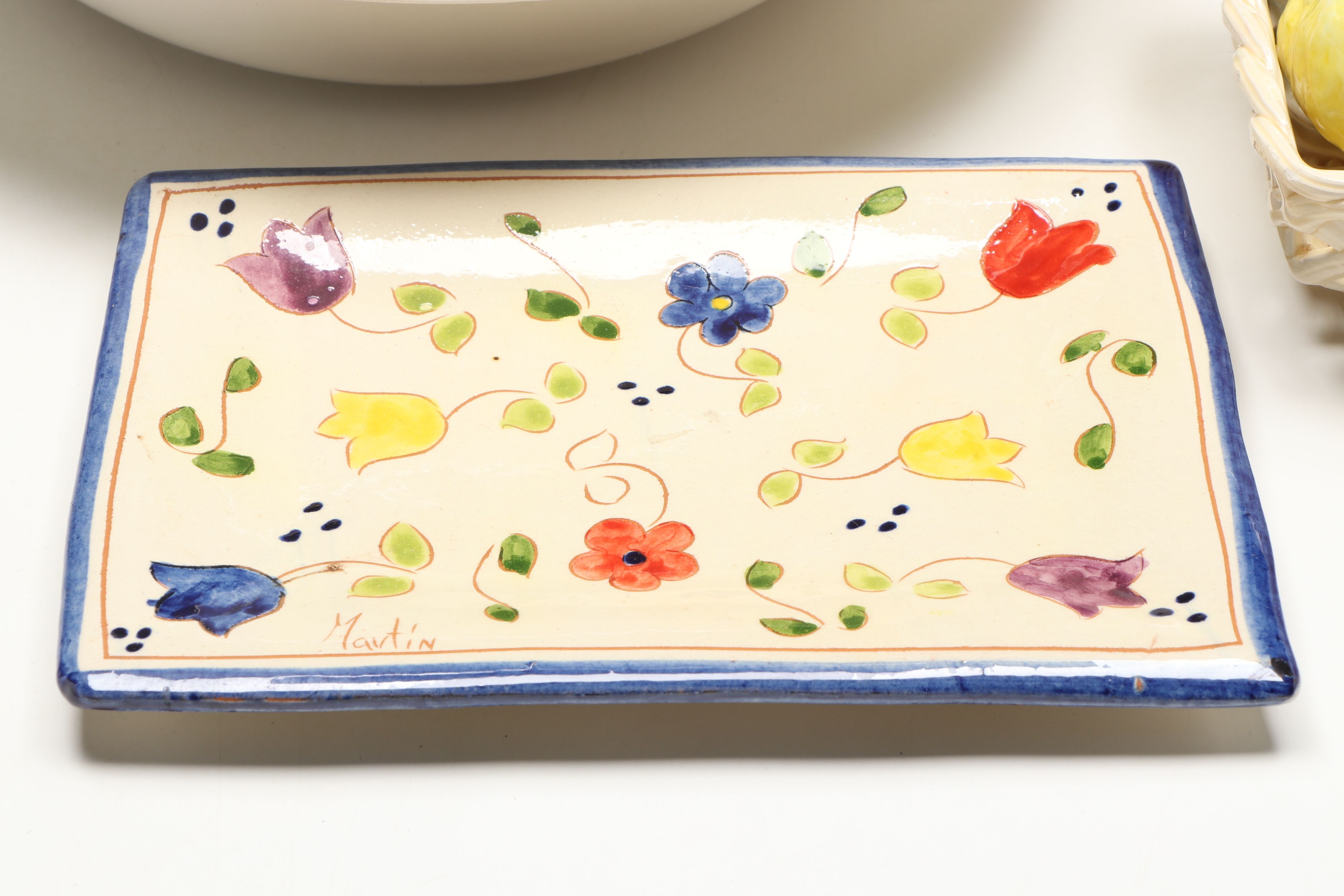 Artist Signed Ceramic Rooster Napkin Holder, Ceramic Pitcher, and More Tableware