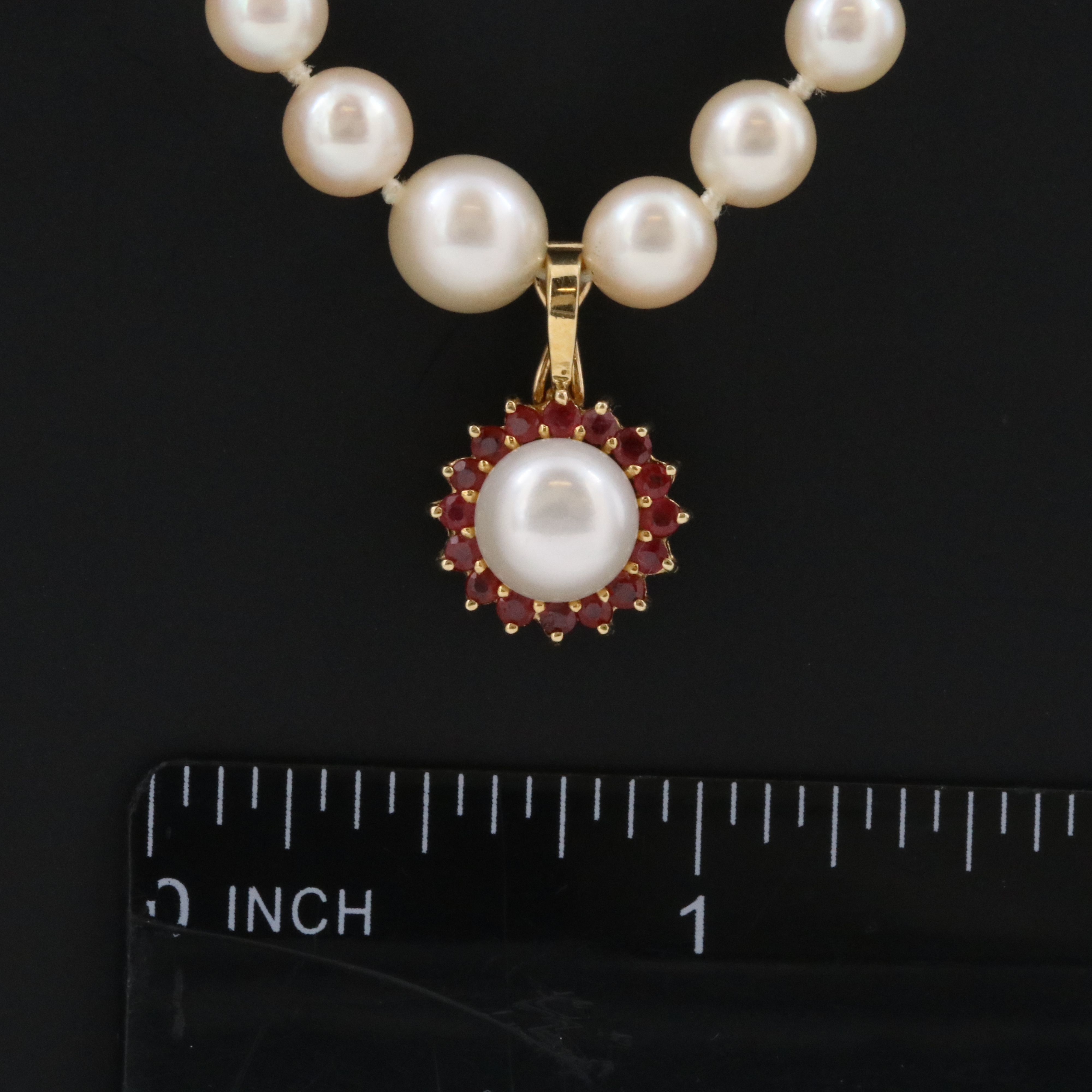 14K Pearl and Ruby Enhancer Pendant on Pearl Necklace with Gold-Filled Clasp