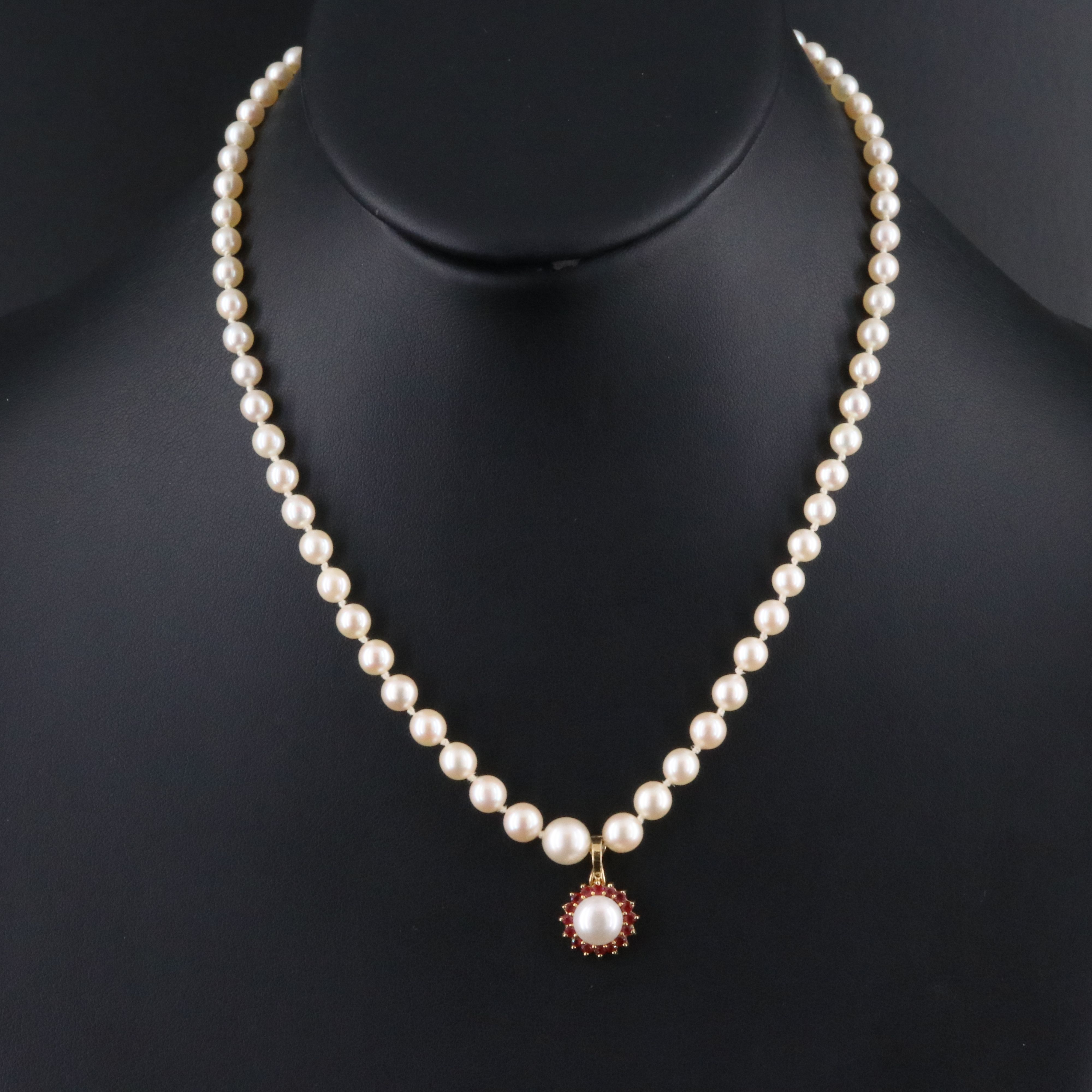14K Pearl and Ruby Enhancer Pendant on Pearl Necklace with Gold-Filled Clasp