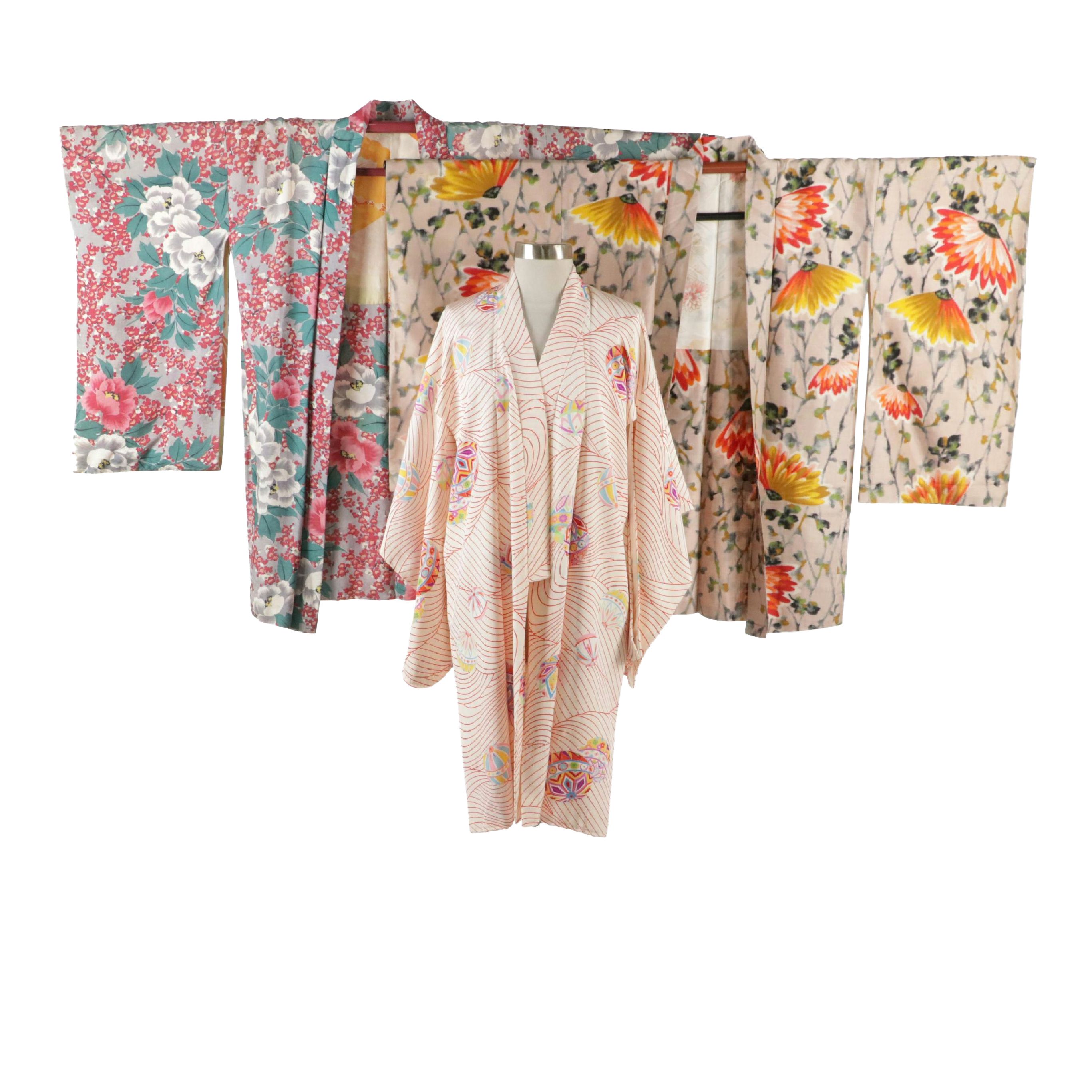 Japanese Haori Jackets in Kusudama & Kiku Printed Silk and Cherry Blossom Cotton