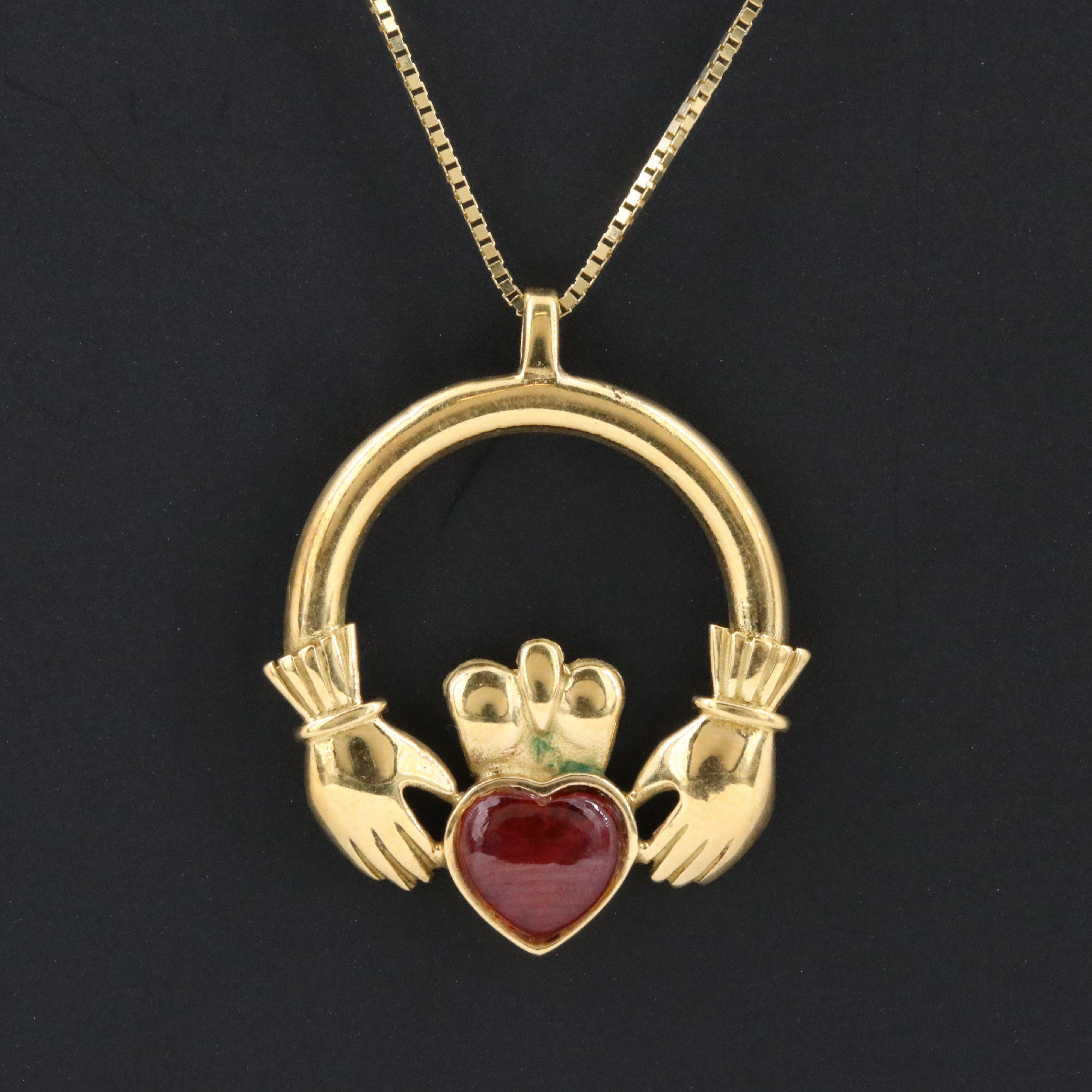 18K Ruby Claddagh Pendant on 14K Chain