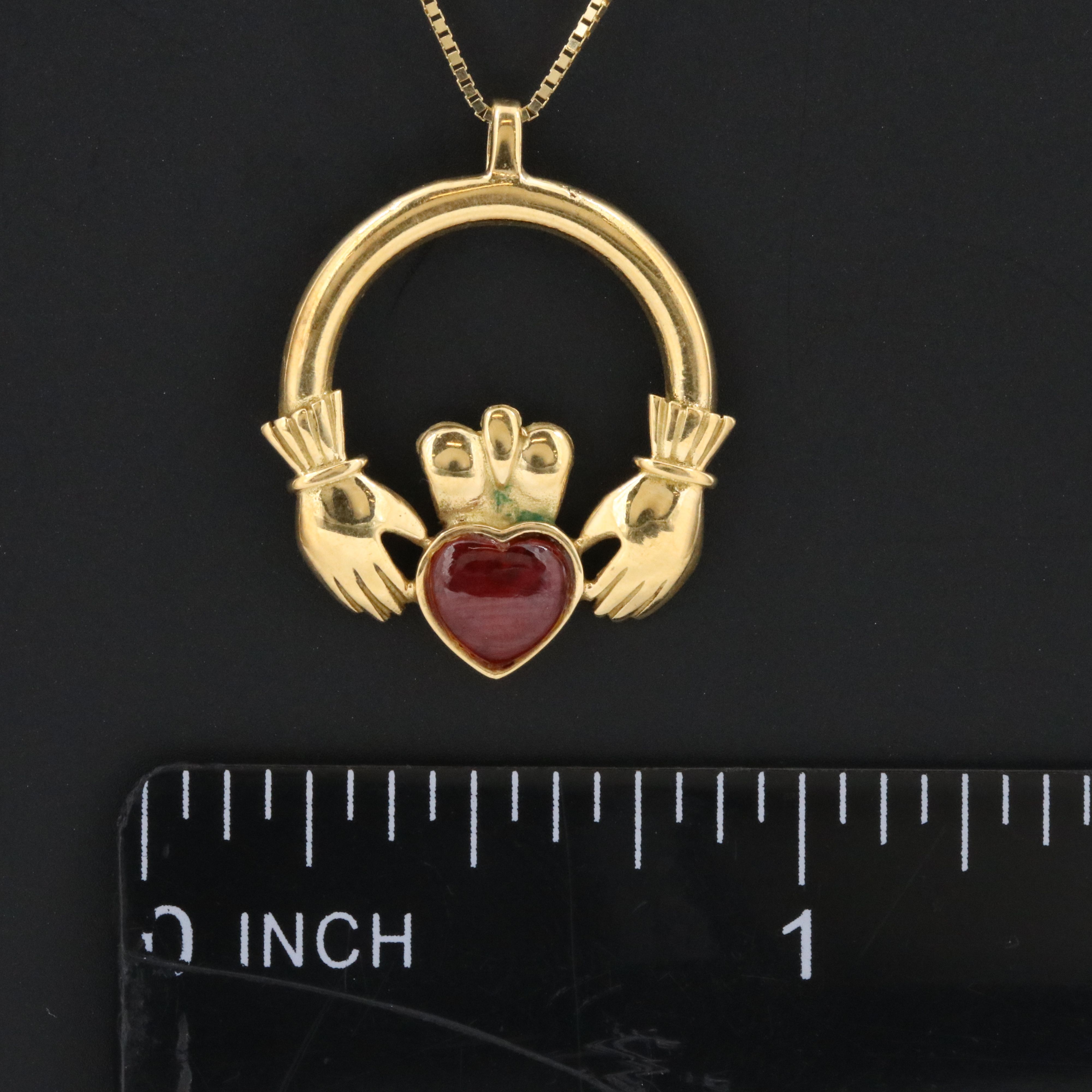 18K Ruby Claddagh Pendant on 14K Chain