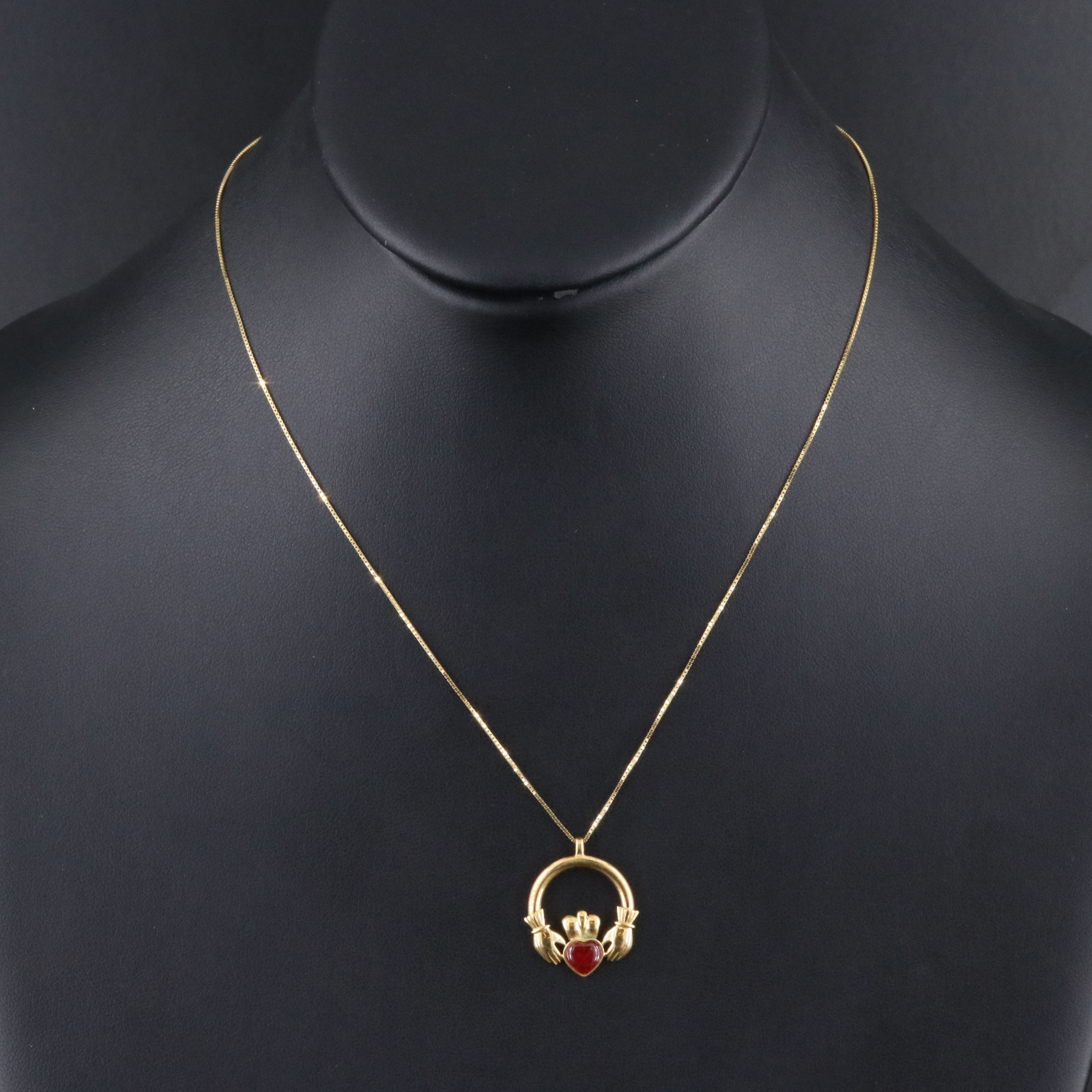 18K Ruby Claddagh Pendant on 14K Chain