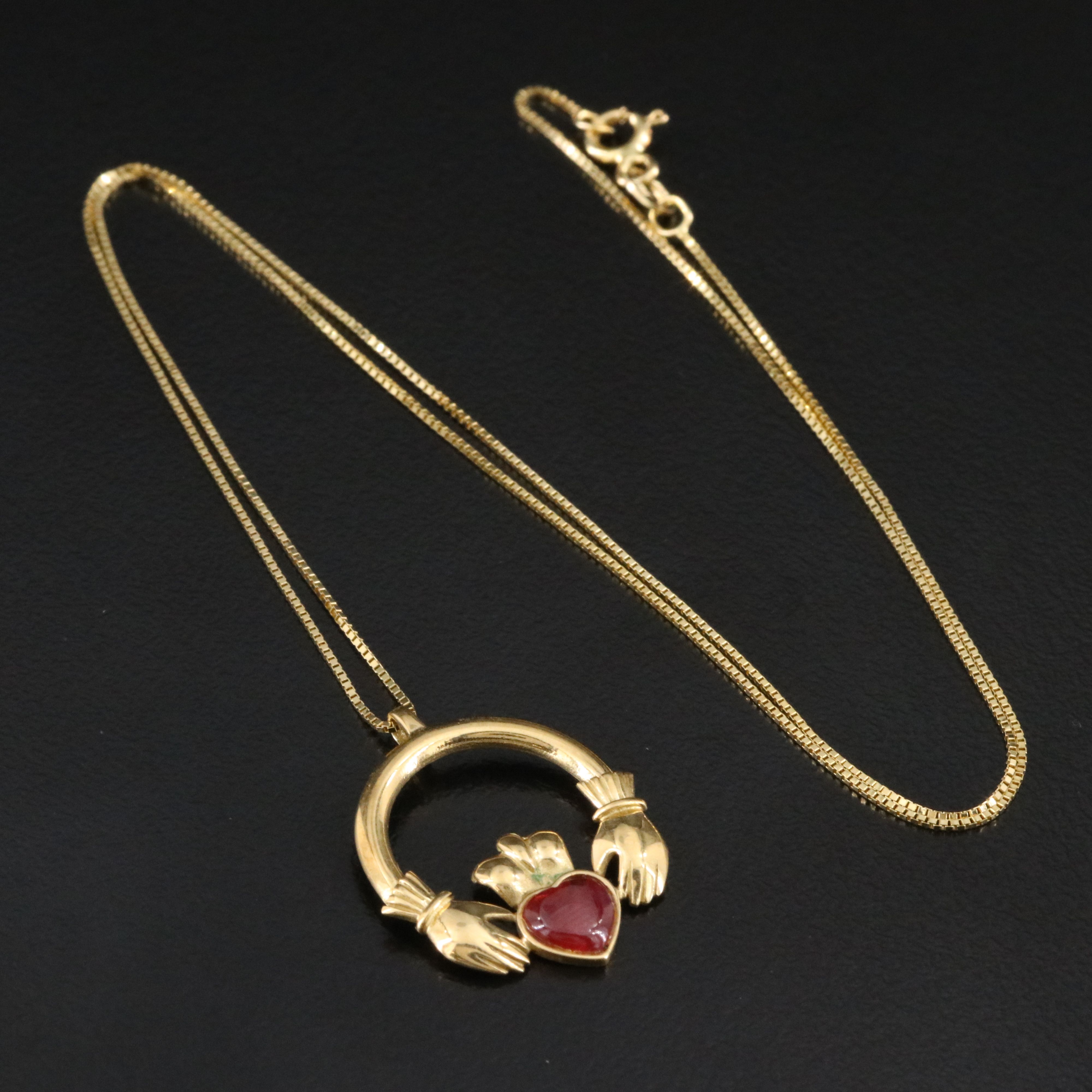 18K Ruby Claddagh Pendant on 14K Chain