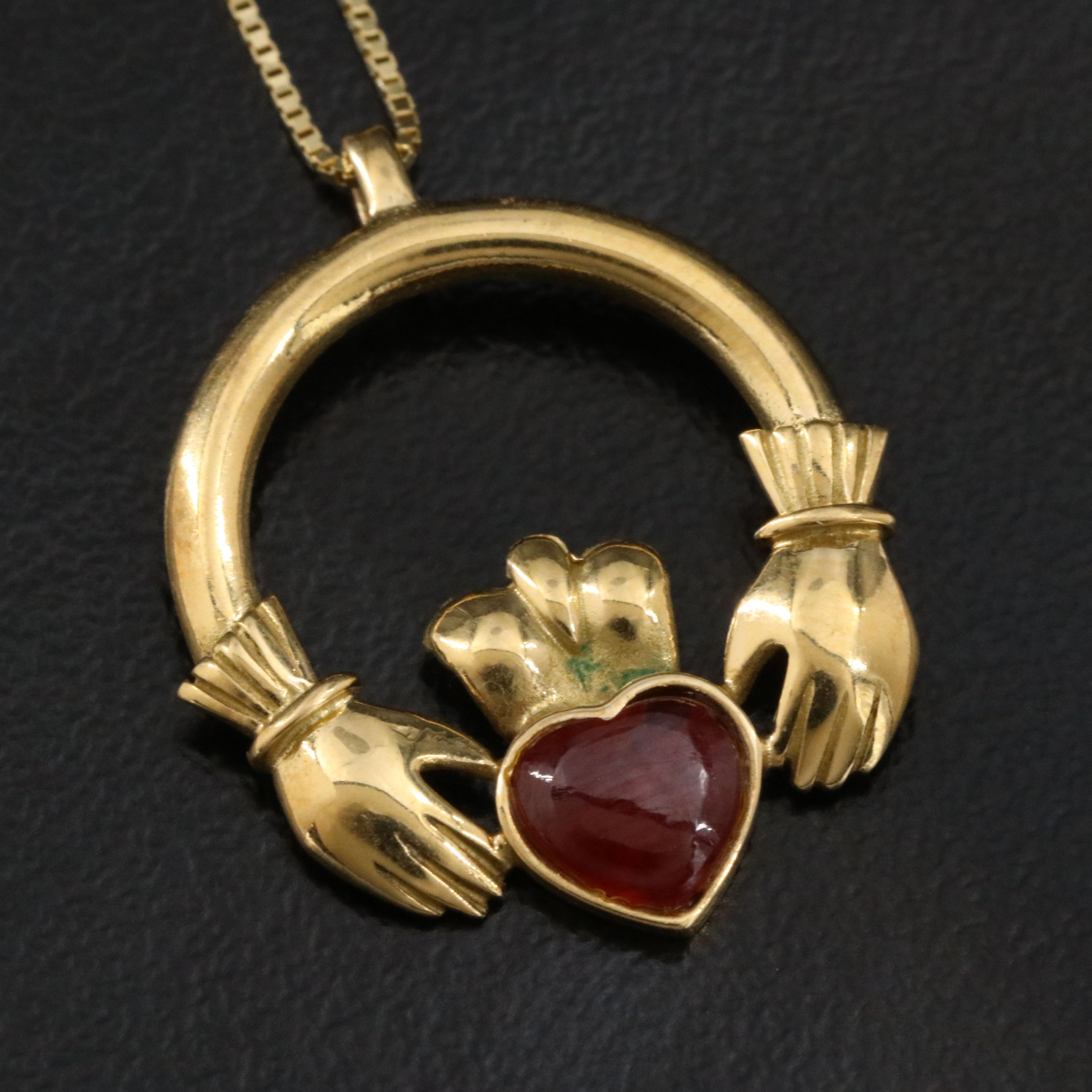 18K Ruby Claddagh Pendant on 14K Chain