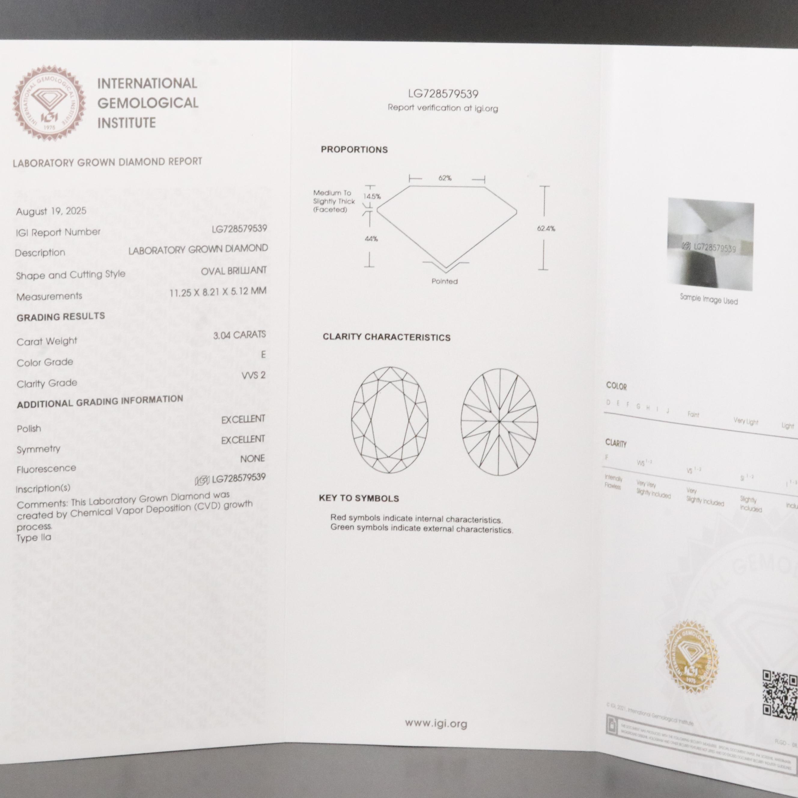 14K 3.04 CT Lab Grown Diamond Solitaire Ring with IGI Report