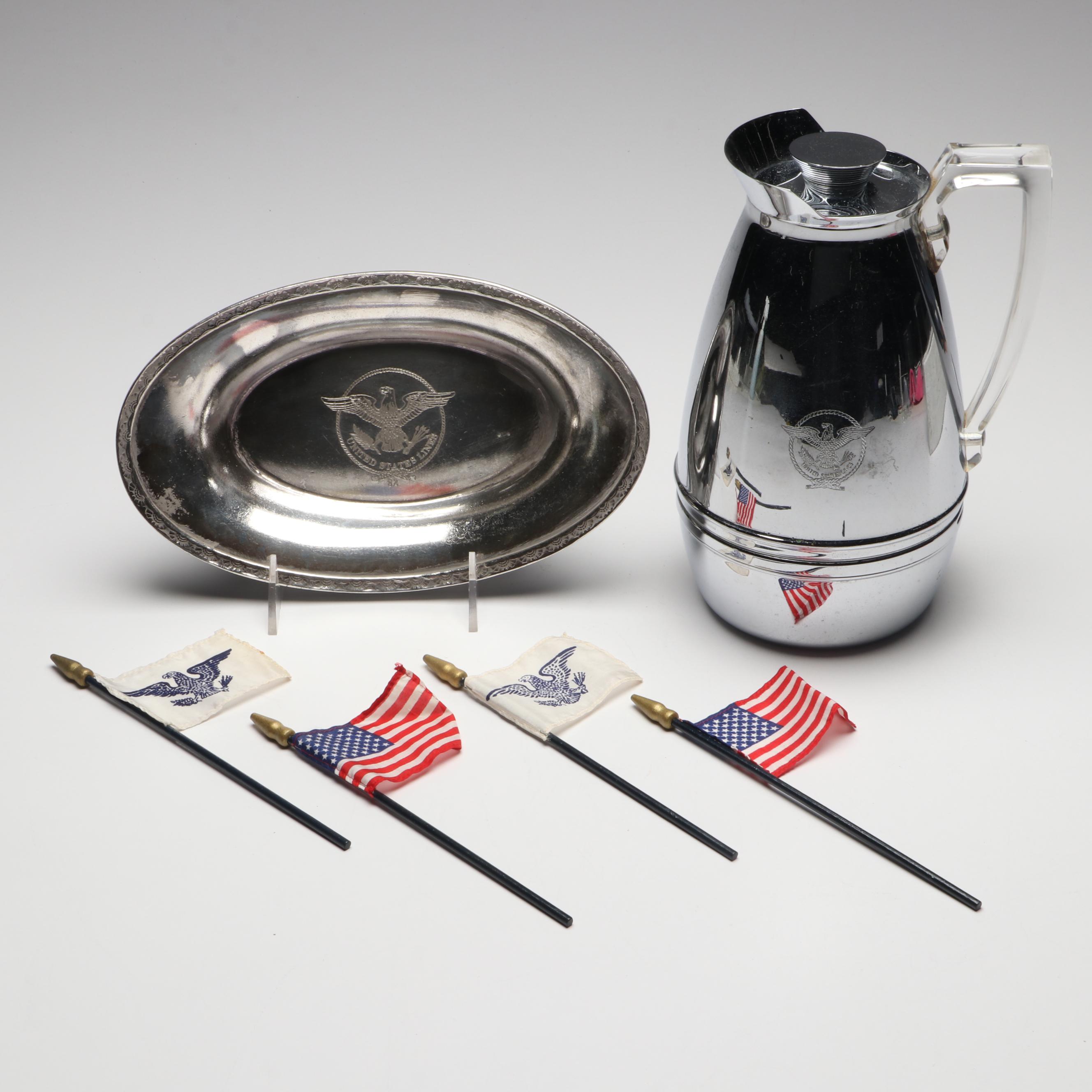 United States Lines Silver Plate Dish with Carafe and Flags, Mid-20th Century