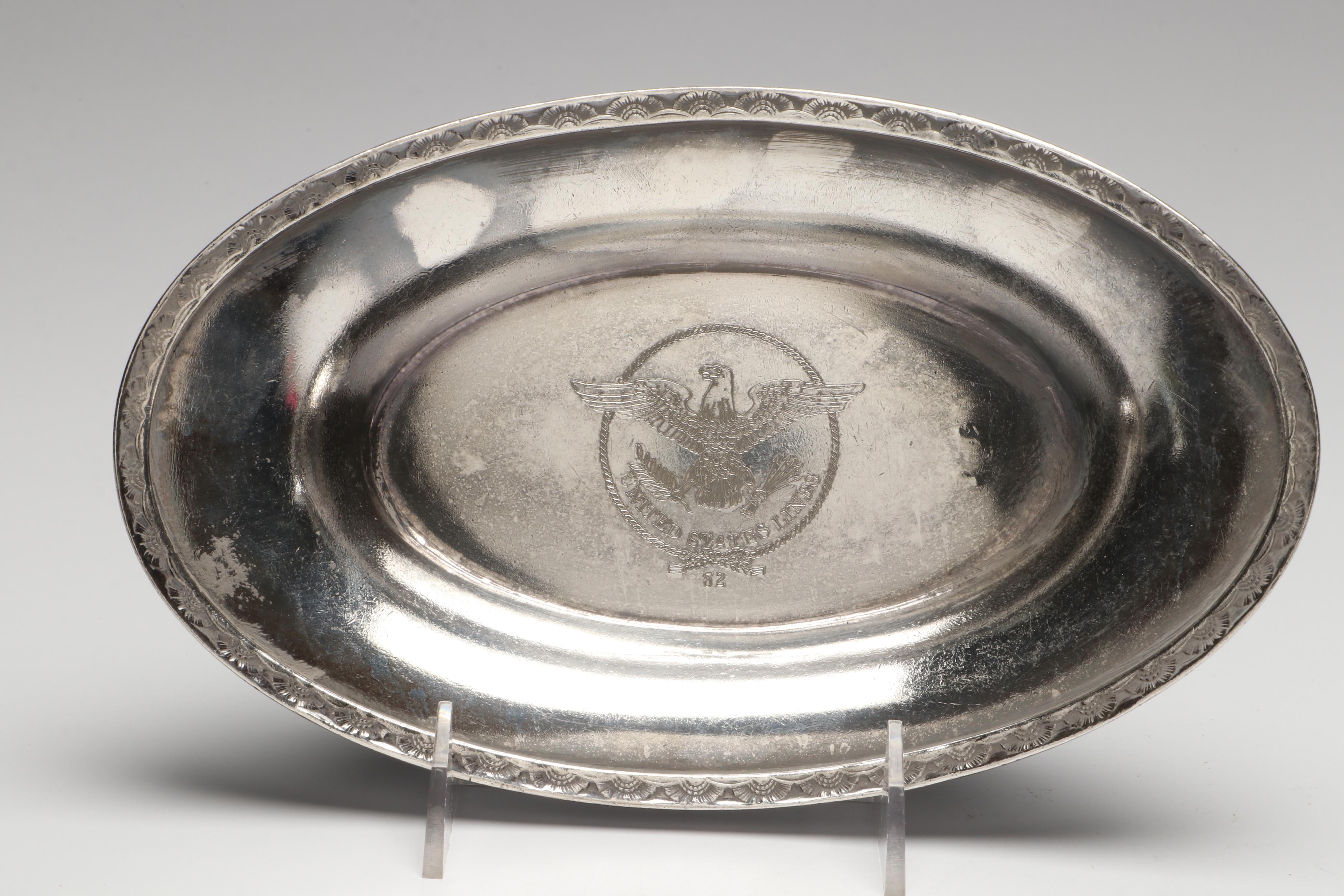 United States Lines Silver Plate Dish with Carafe and Flags, Mid-20th Century